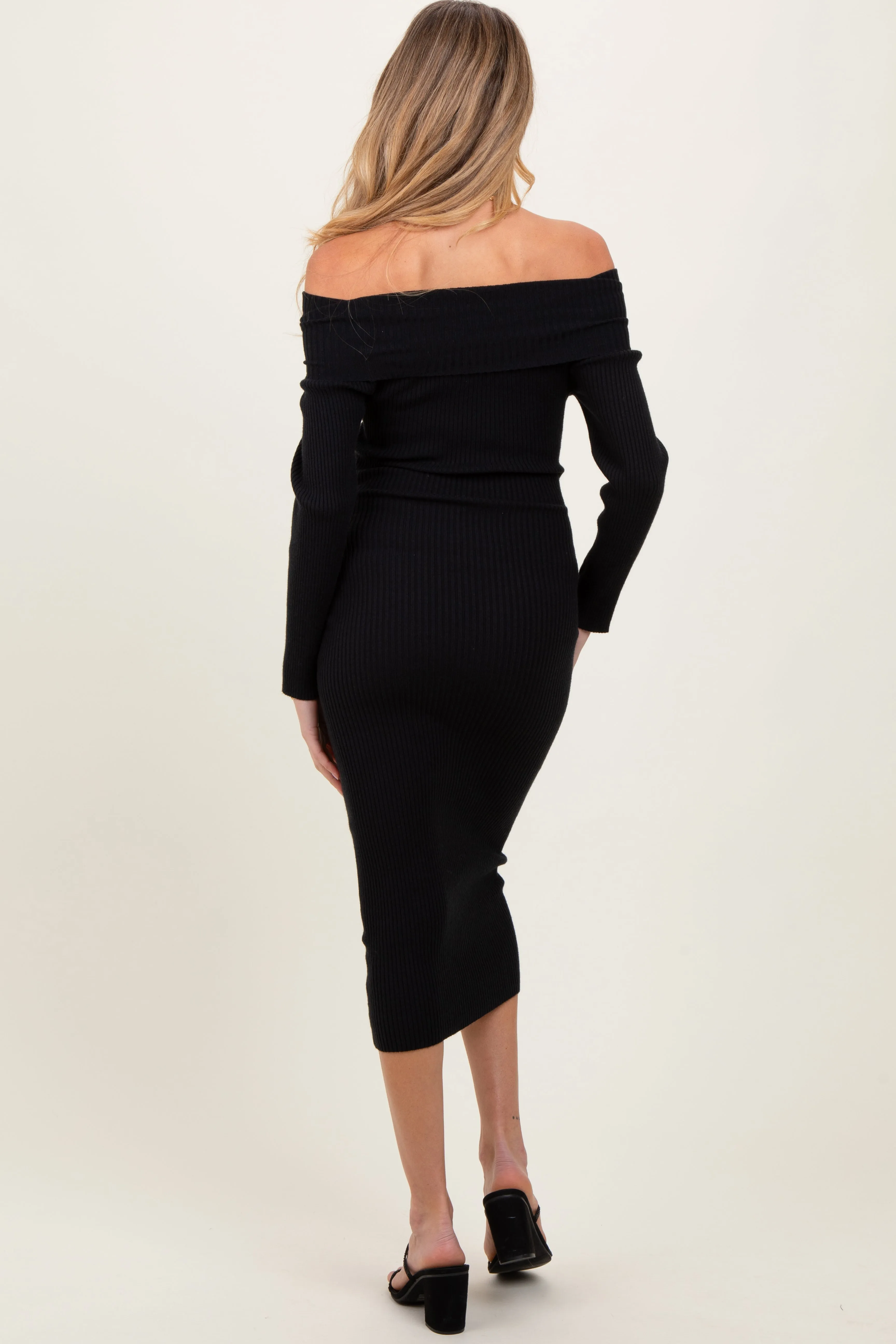 Black Ribbed Off Shoulder Maternity Midi Sweater Dress sold by Pinkblush product image thumbnail 3