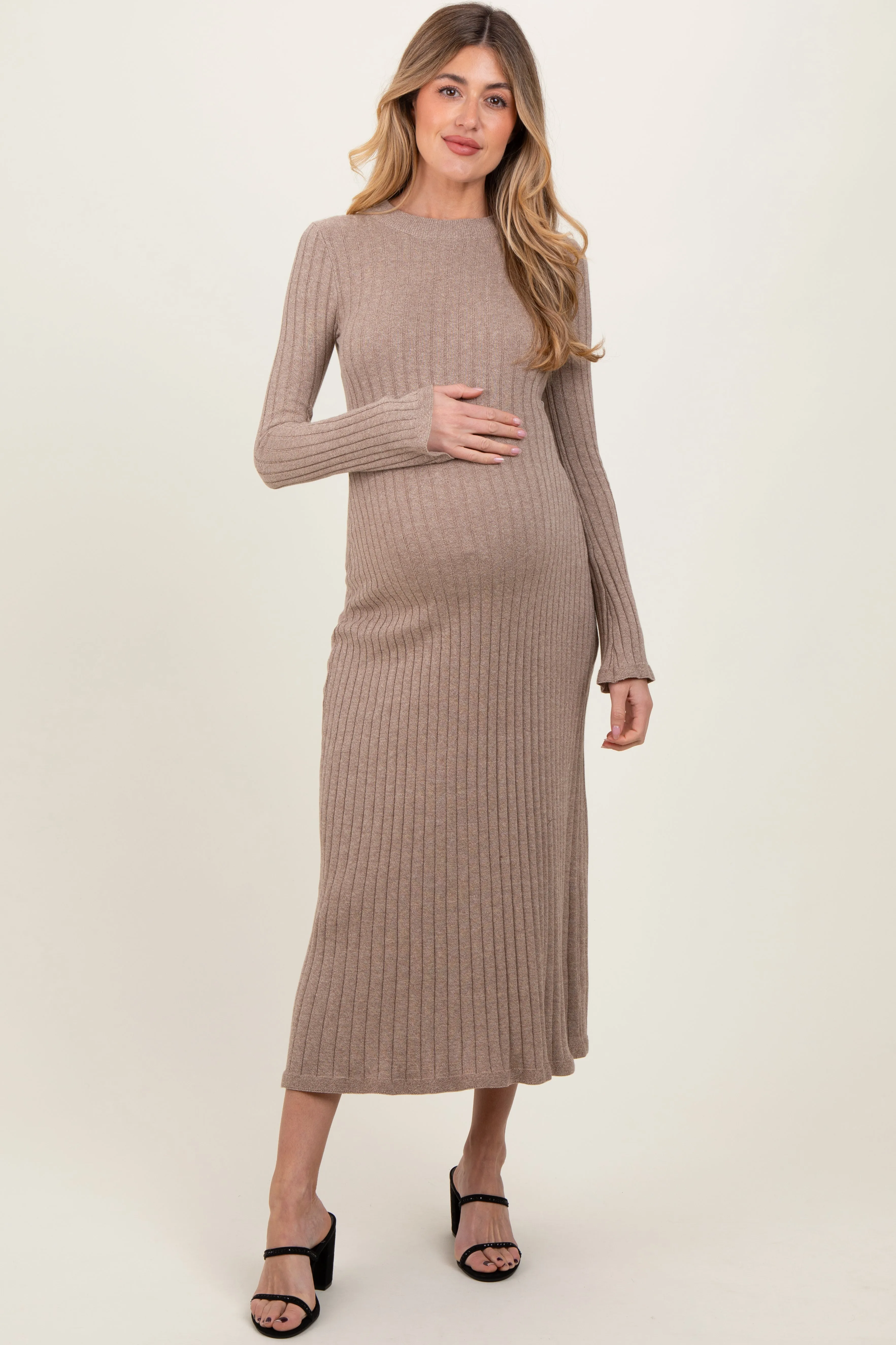 Light Mocha Ribbed Knit Maternity Midi Sweater Dress sold by Pinkblush