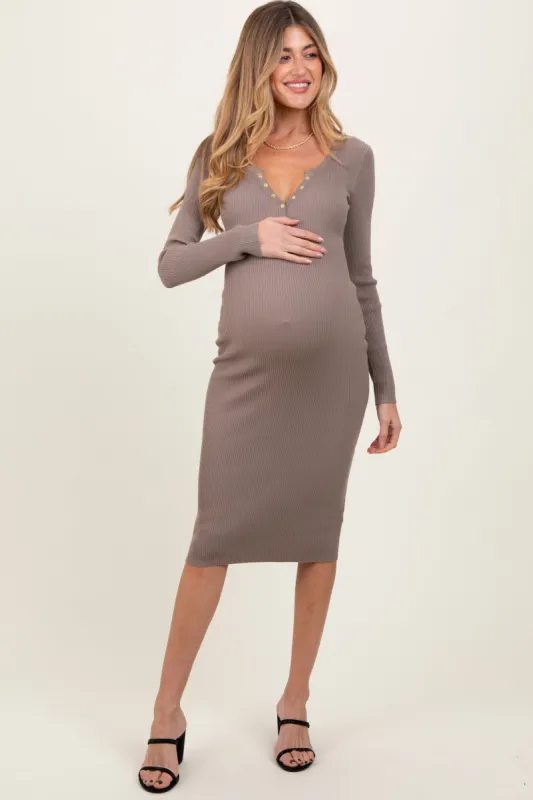 Taupe Ribbed Fitted Button Long Sleeve Maternity Dress sold by Pinkblush