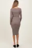 Taupe Ribbed Fitted Button Long Sleeve Maternity Dress sold by Pinkblush