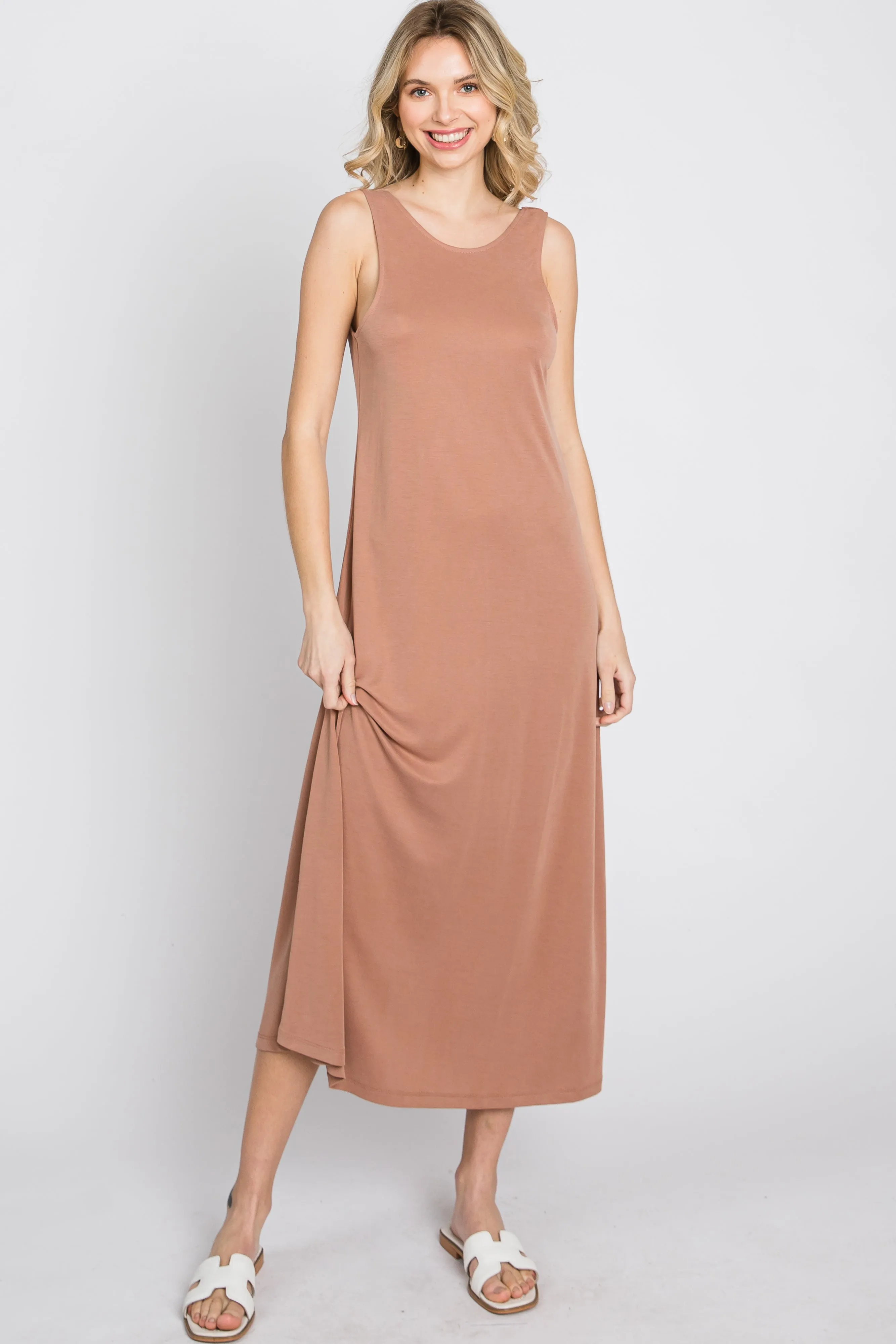 Mocha Low V-Back Sleeveless Midi Dress sold by Pinkblush