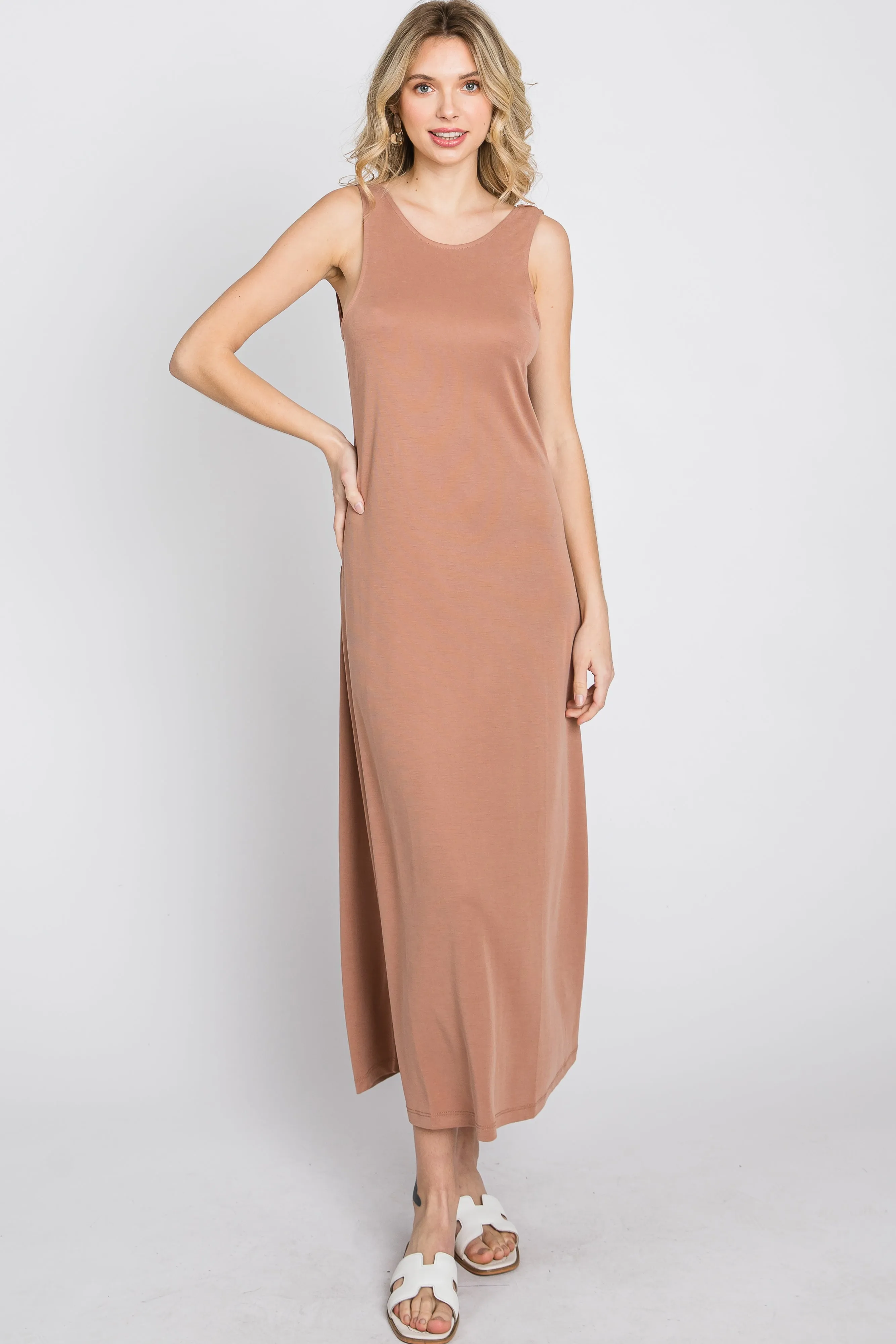 Mocha Low V-Back Sleeveless Midi Dress sold by Pinkblush product image thumbnail 3