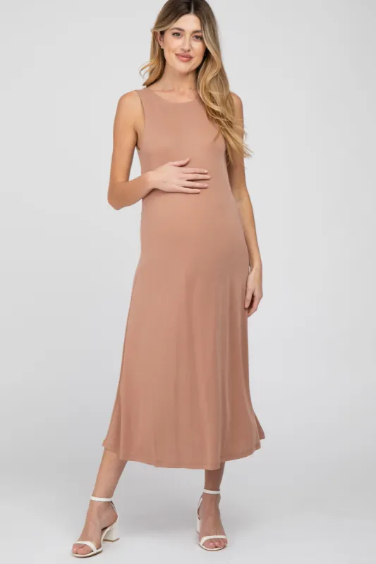 Mocha Low V-Back Sleeveless Maternity Midi Dress sold by Pinkblush