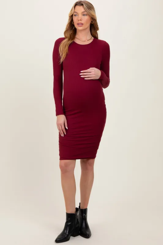 Burgundy Crew Neck Double Layered Rib Maternity Mini Dress sold by Pinkblush