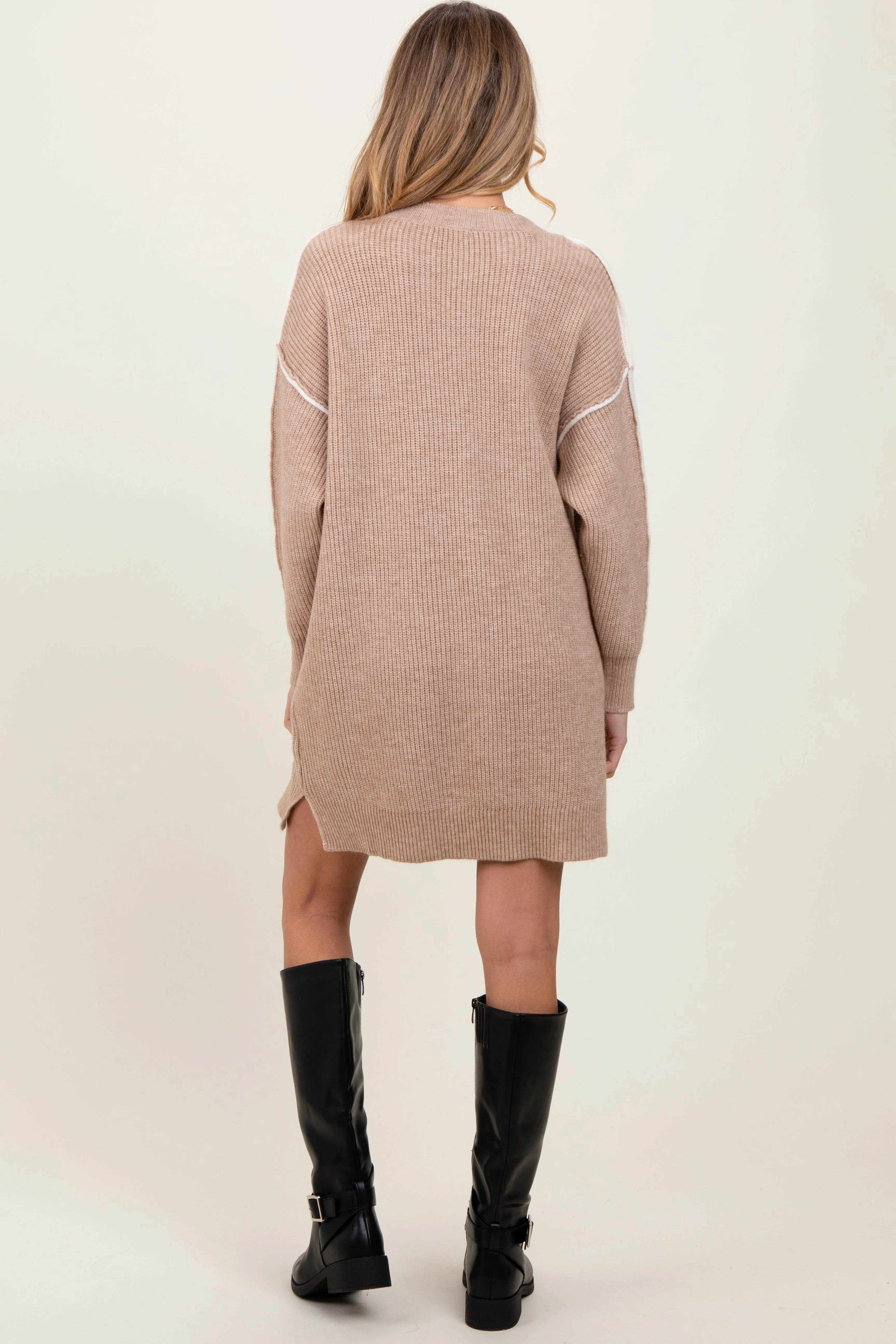 Beige Turtleneck Colorblock Contrast Trim Maternity Sweater Dress sold by Pinkblush product image thumbnail 3