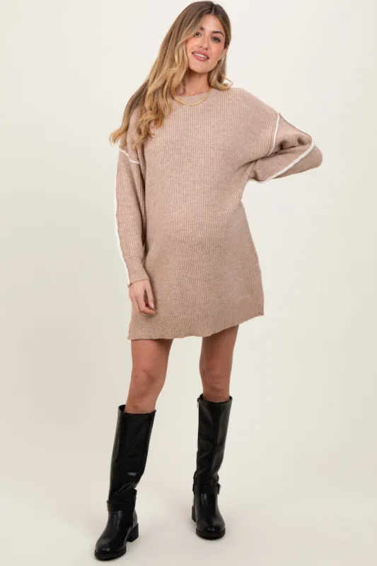 Beige Turtleneck Colorblock Contrast Trim Maternity Sweater Dress sold by Pinkblush
