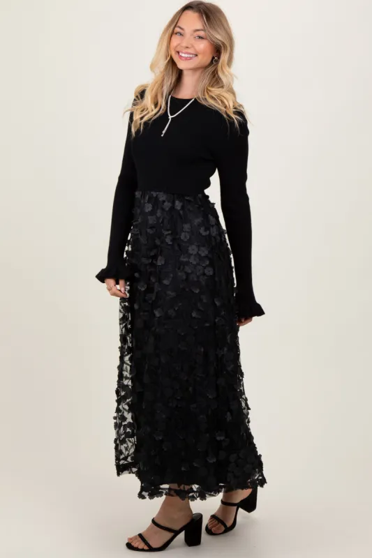 Black Floral Applique Contrast Skirt Midi Dress sold by Pinkblush