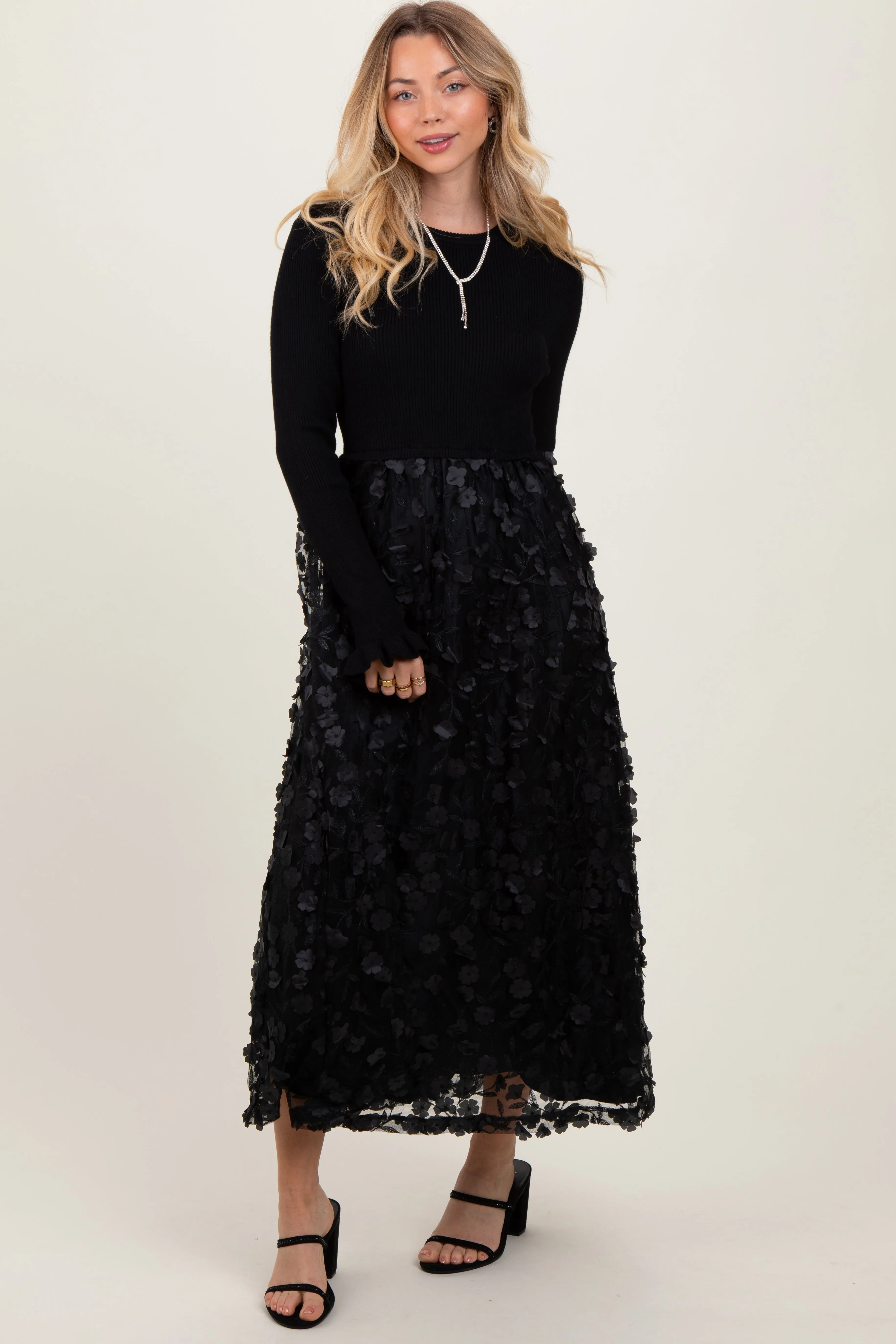 Black Floral Applique Contrast Skirt Midi Dress sold by Pinkblush product image thumbnail 2