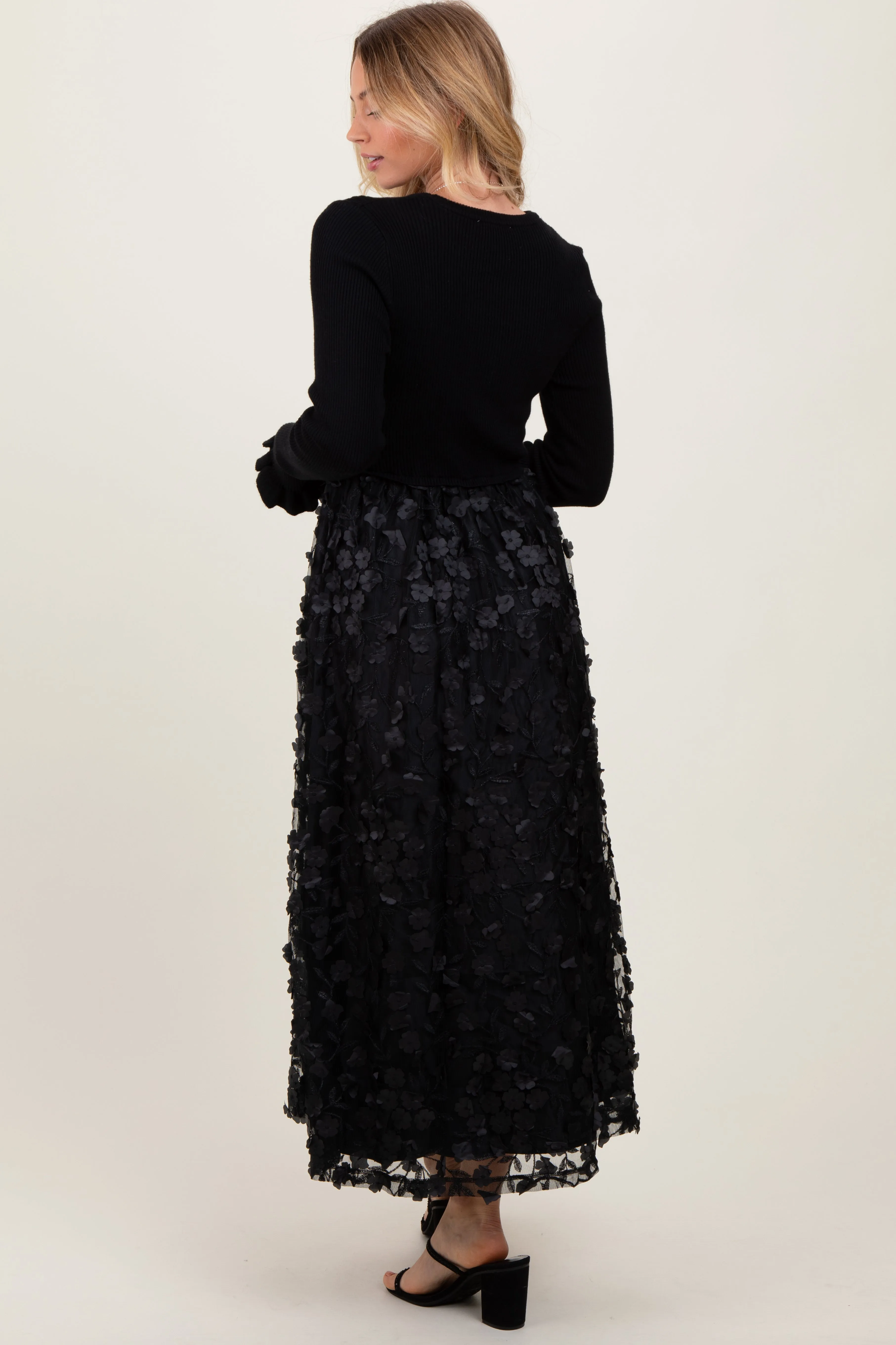 Black Floral Applique Contrast Skirt Midi Dress sold by Pinkblush product image thumbnail 3