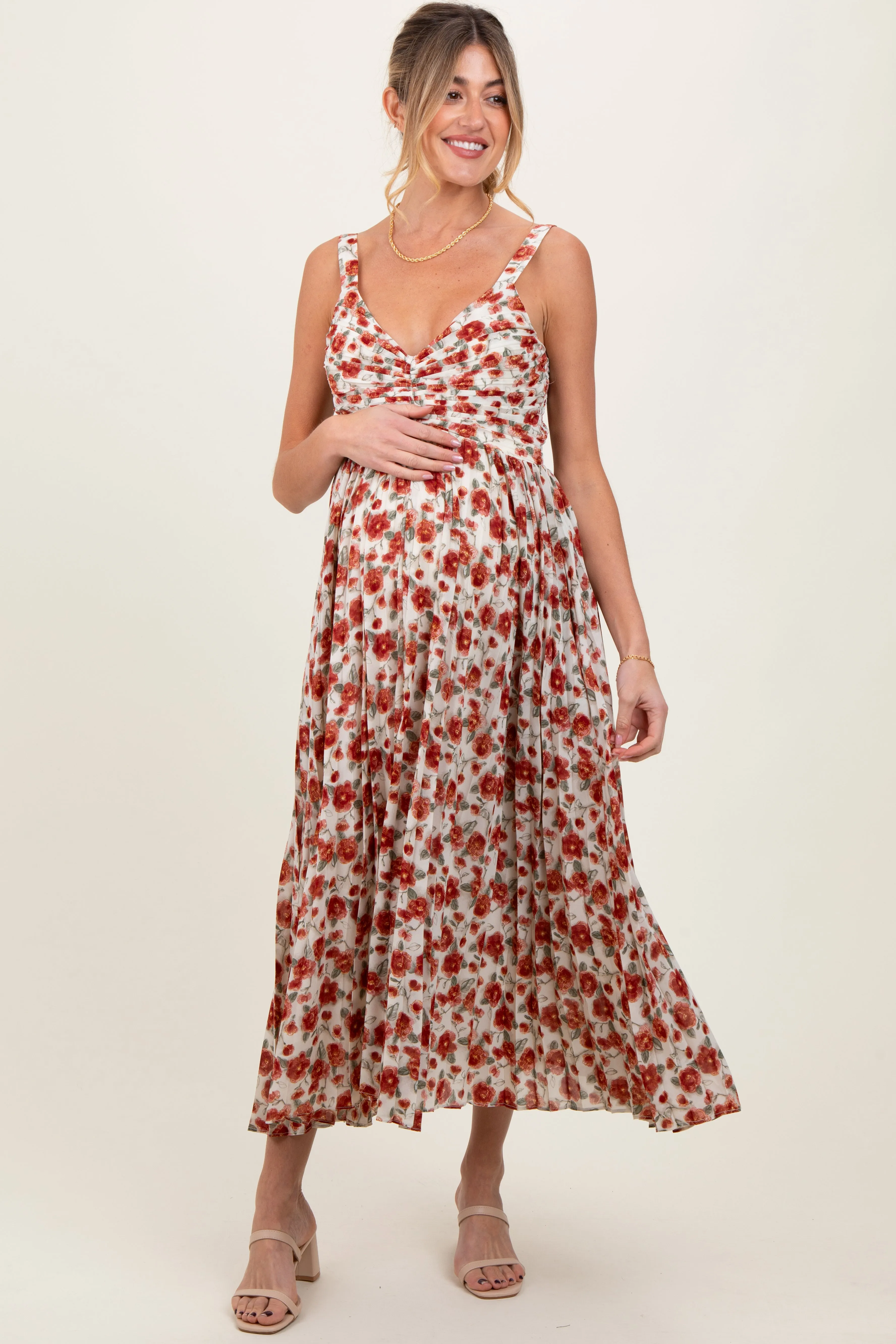 Red Floral Pleated Maternity Midi Dress sold by Pinkblush product image thumbnail 2