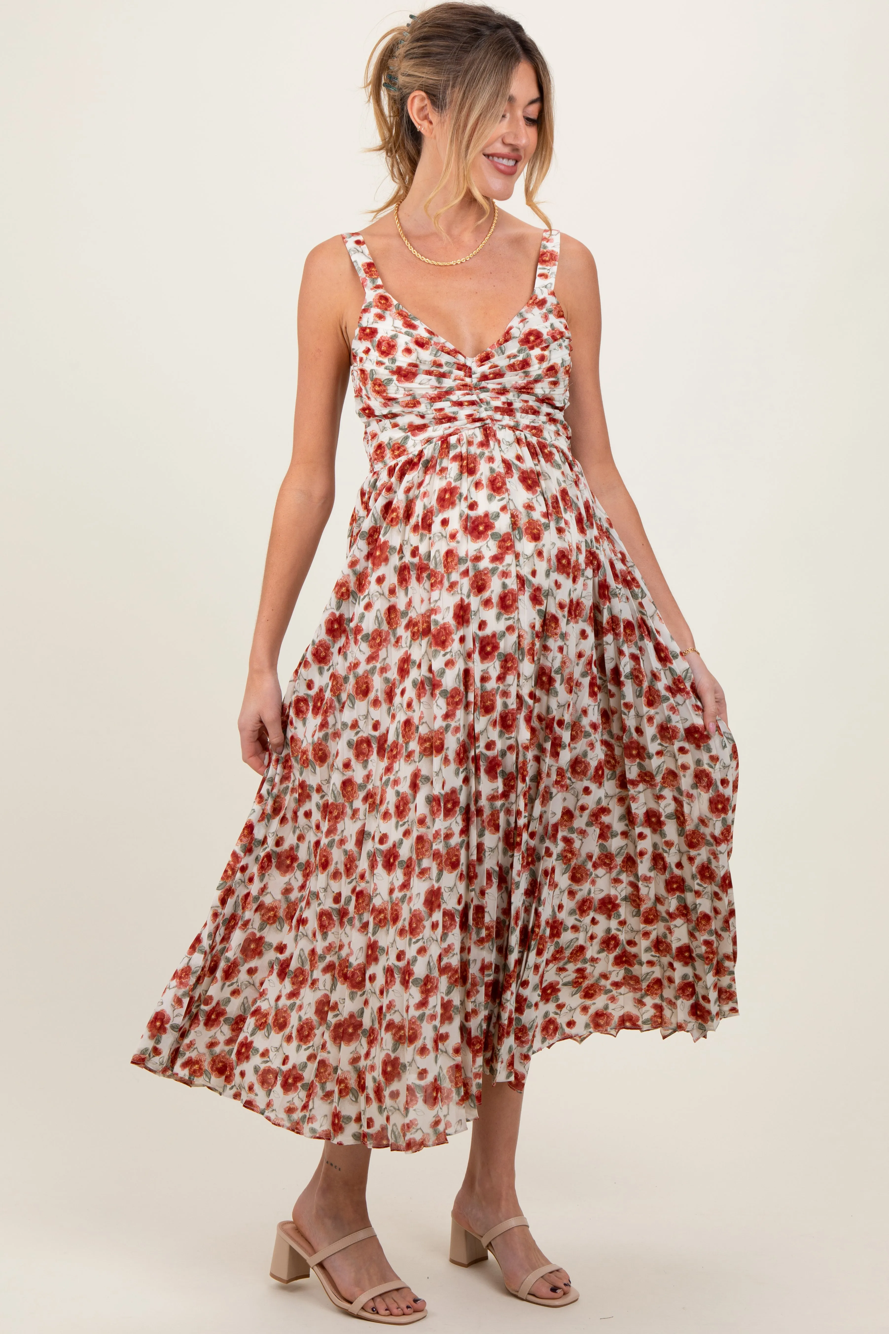 Red Floral Pleated Maternity Midi Dress sold by Pinkblush product image thumbnail 3