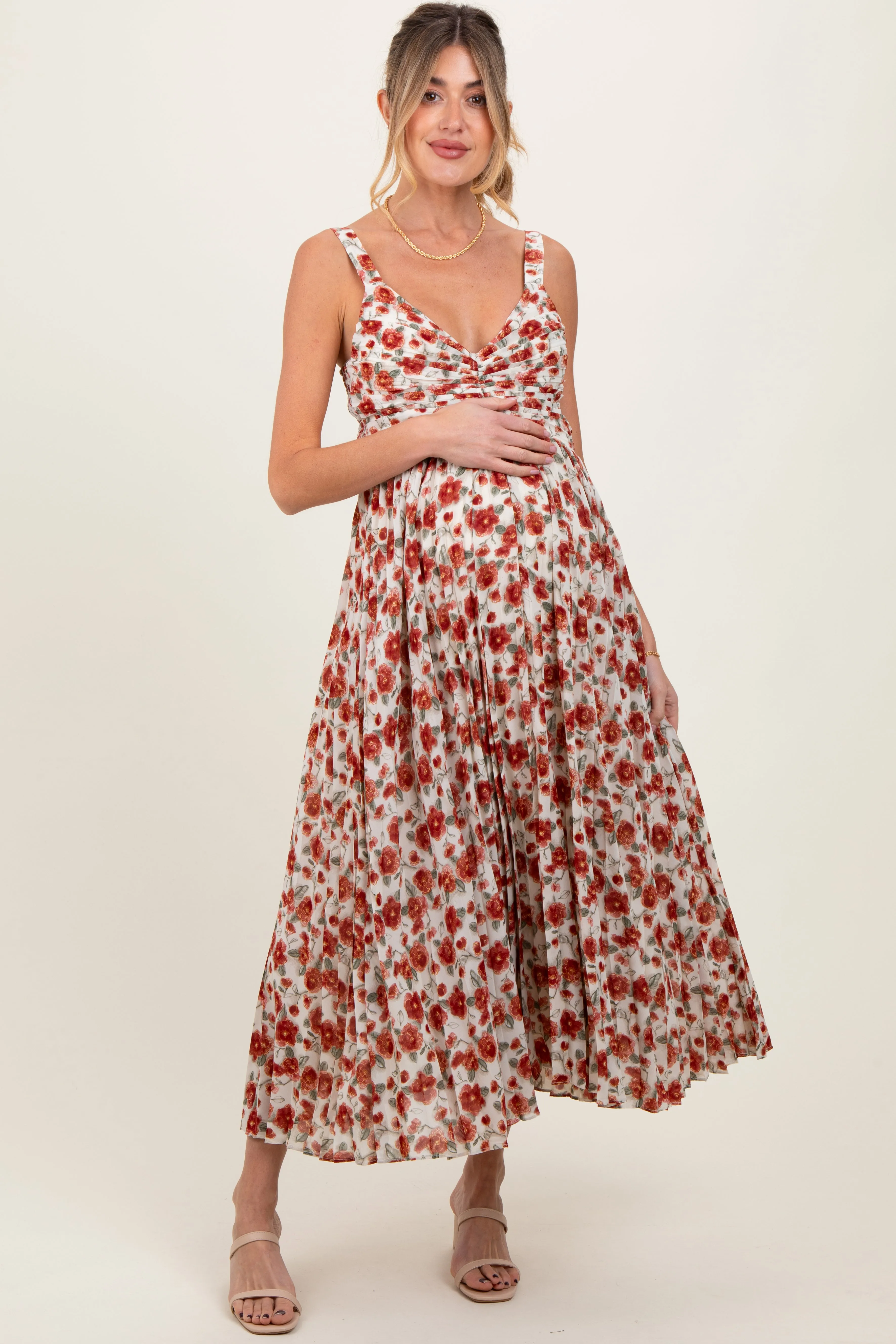 Red Floral Pleated Maternity Midi Dress sold by Pinkblush