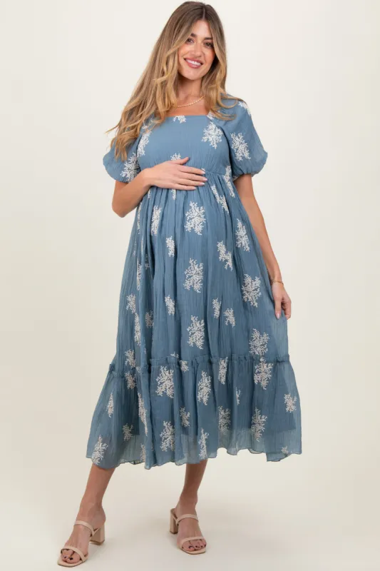 Blue Floral Print Ruffle Hem Maternity Midi Dress sold by Pinkblush