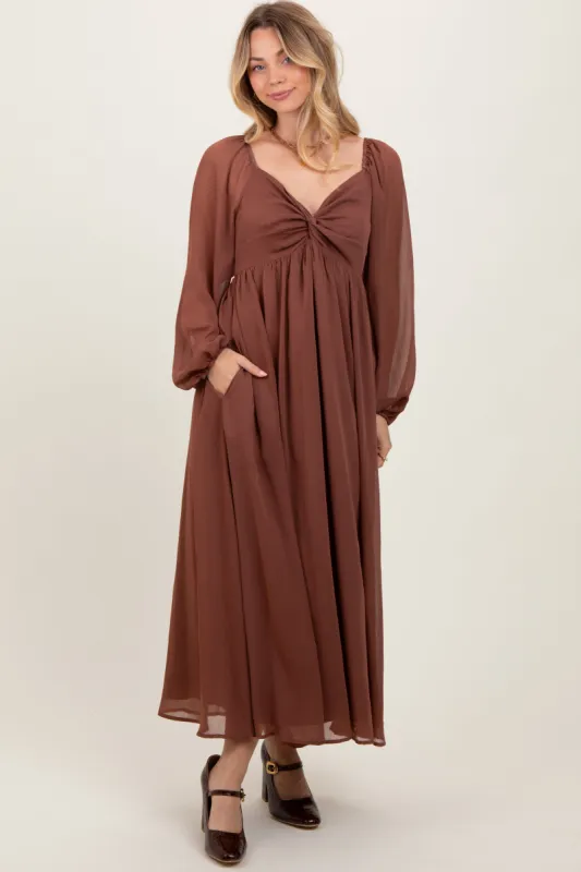 Mocha Chiffon Twisted Front Midi Dress sold by Pinkblush