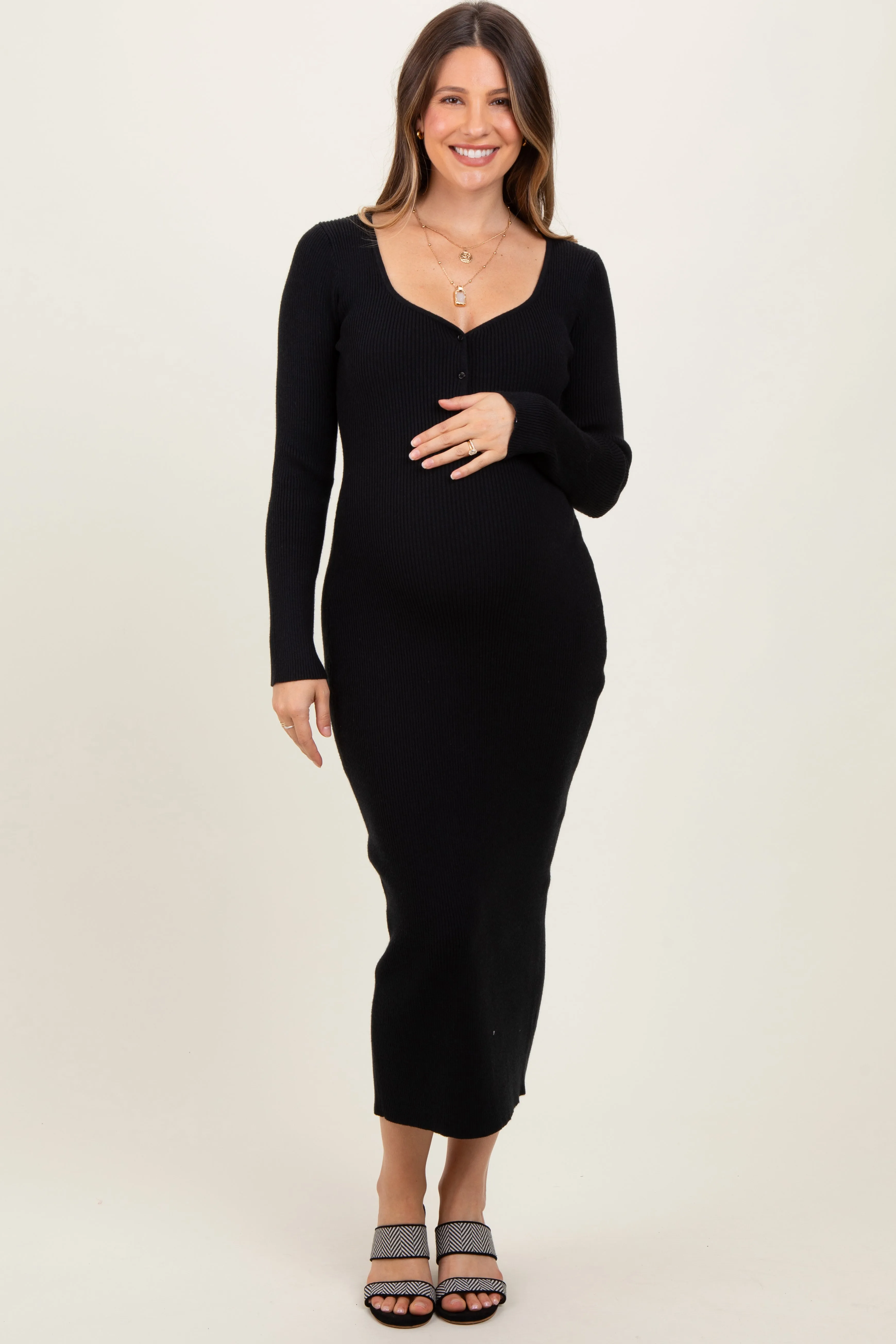 Black Henley Ribbed Maternity Midi Sweater Dress sold by Pinkblush product image thumbnail 2