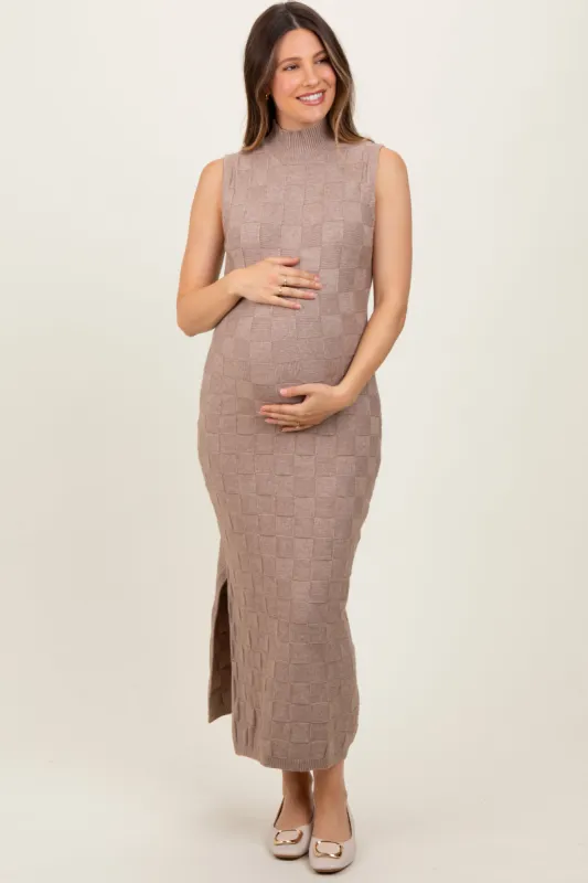 Mocha Checkered Knit Mock Neck Side Slit Maternity Maxi Dress sold by Pinkblush