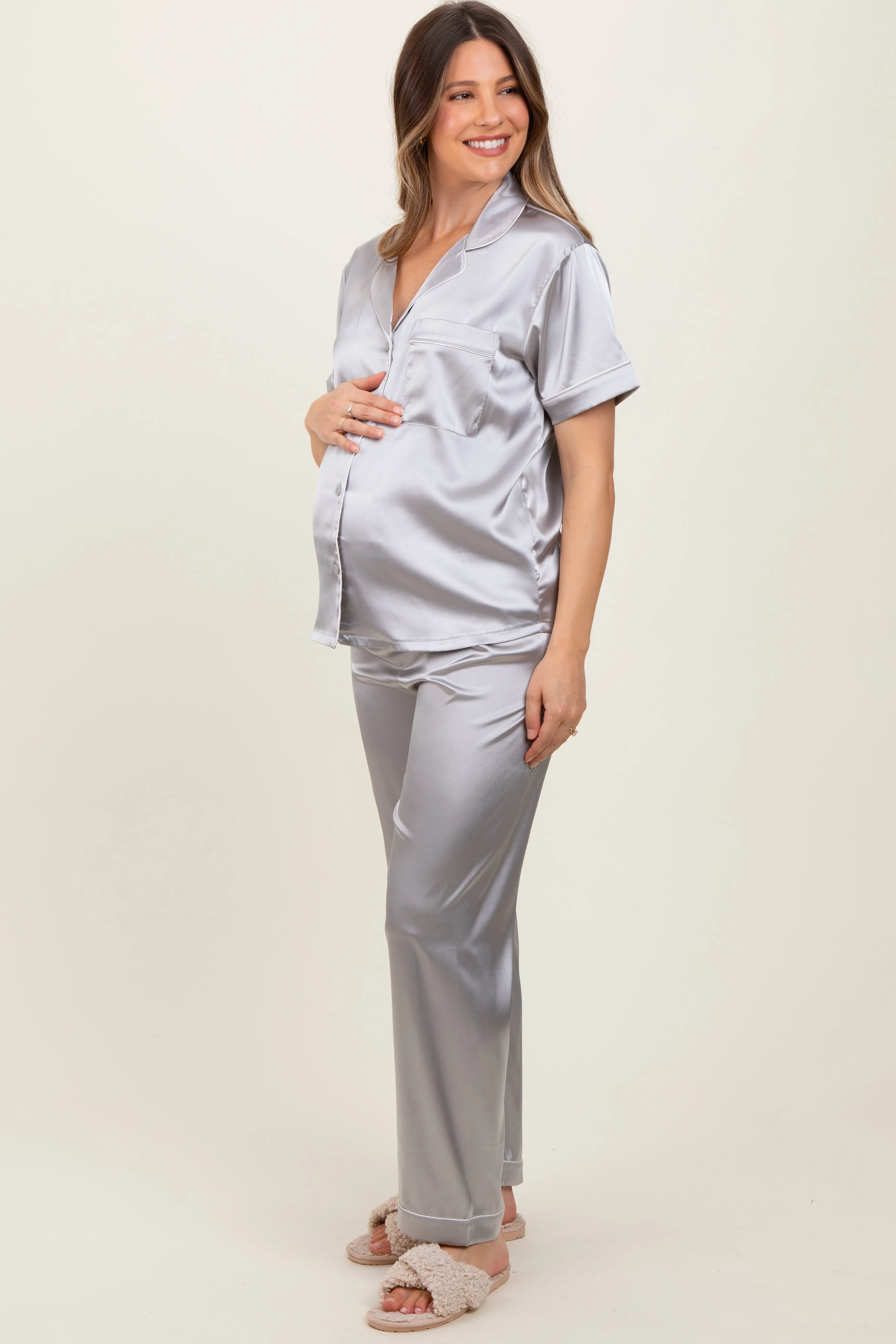 Silver Satin Contrast Trim Maternity Pajama Set sold by Pinkblush product image thumbnail 3