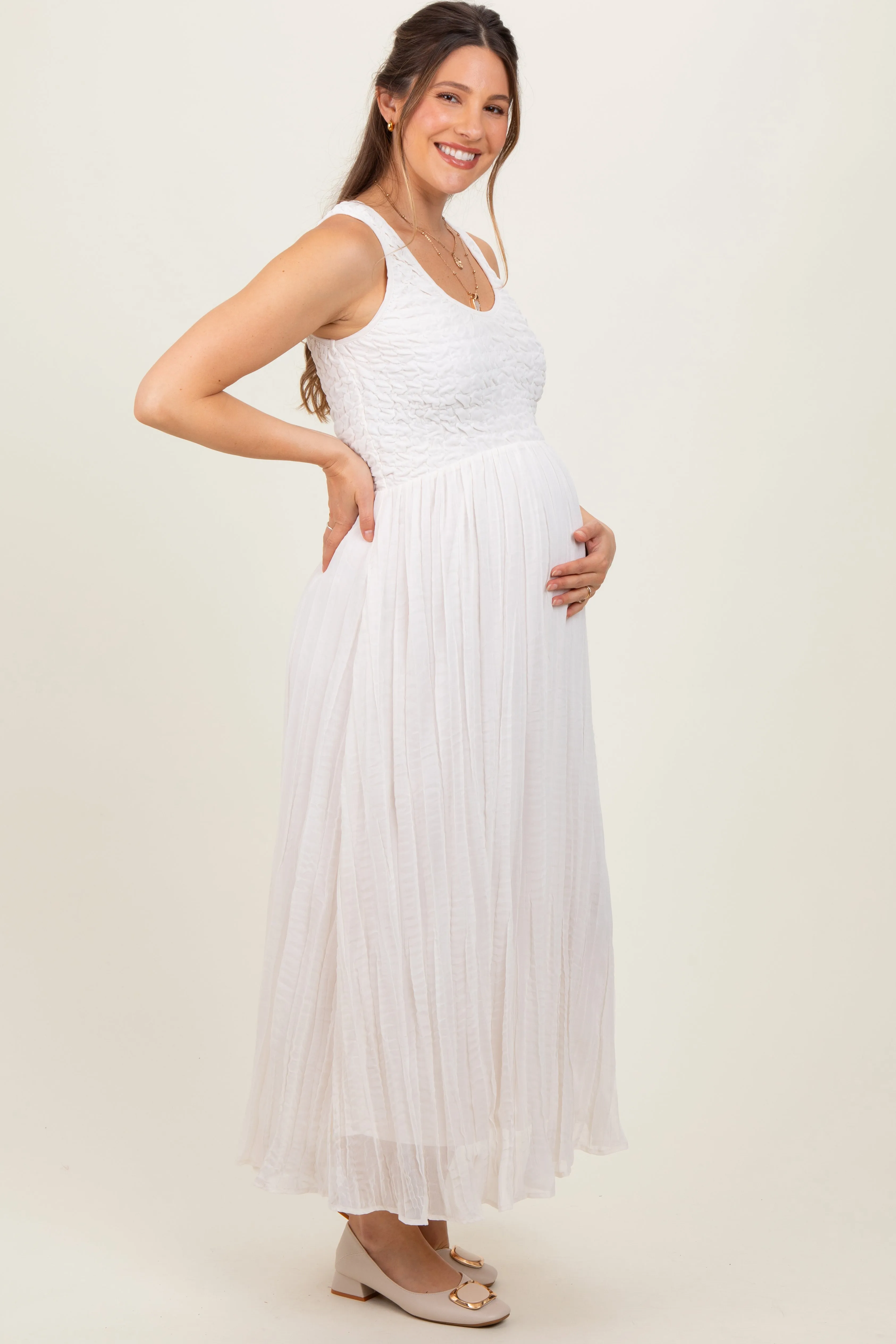 Ivory Textured Smocked Bodice Sleeveless Maternity Maxi Dress sold by Pinkblush product image thumbnail 3
