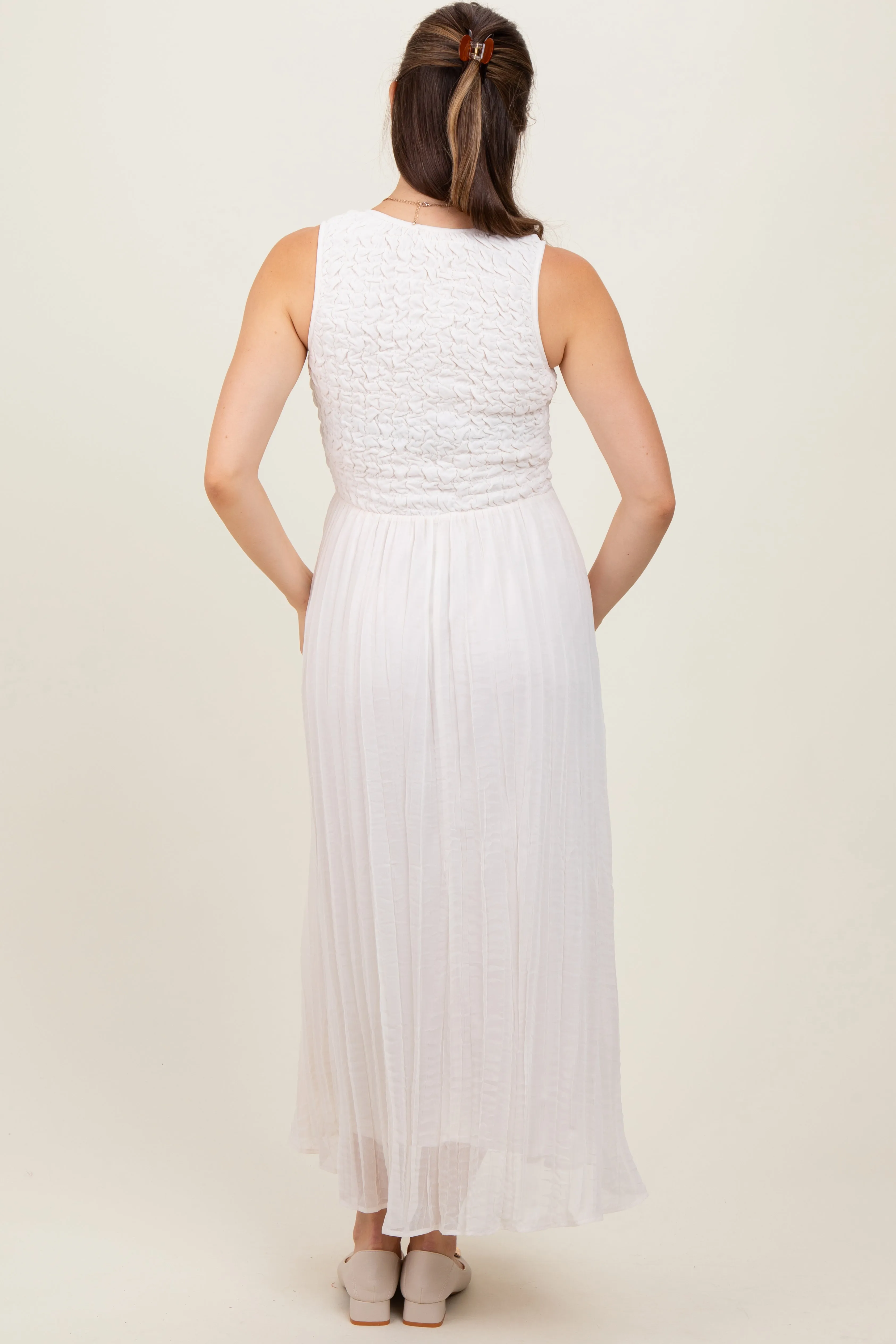 Ivory Textured Smocked Bodice Sleeveless Maternity Maxi Dress sold by Pinkblush product image thumbnail 4