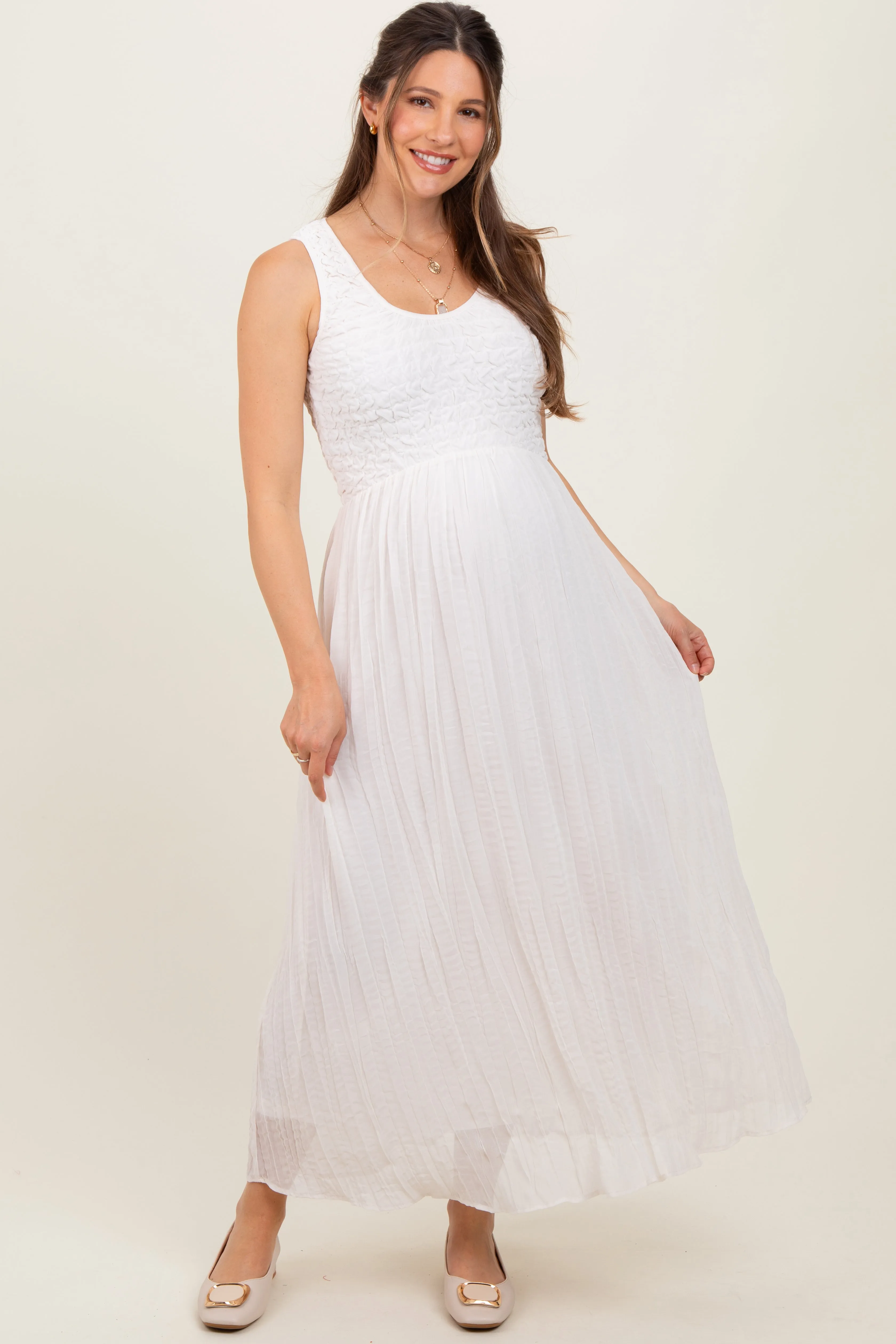 Ivory Textured Smocked Bodice Sleeveless Maternity Maxi Dress sold by Pinkblush product image thumbnail 2