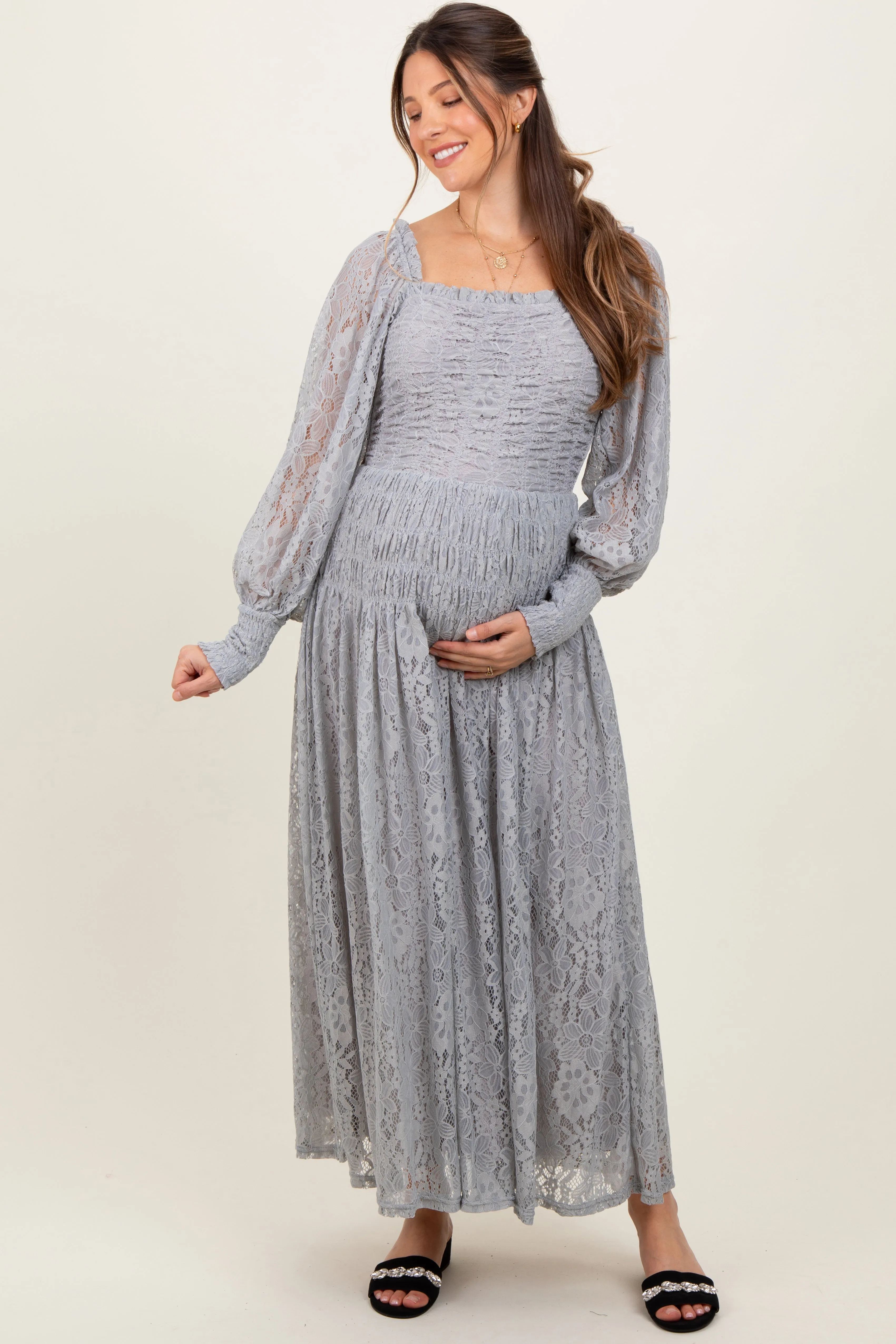 Heather Grey Lace Smocked Bubble Sleeve Maternity Maxi Dress sold by Pinkblush