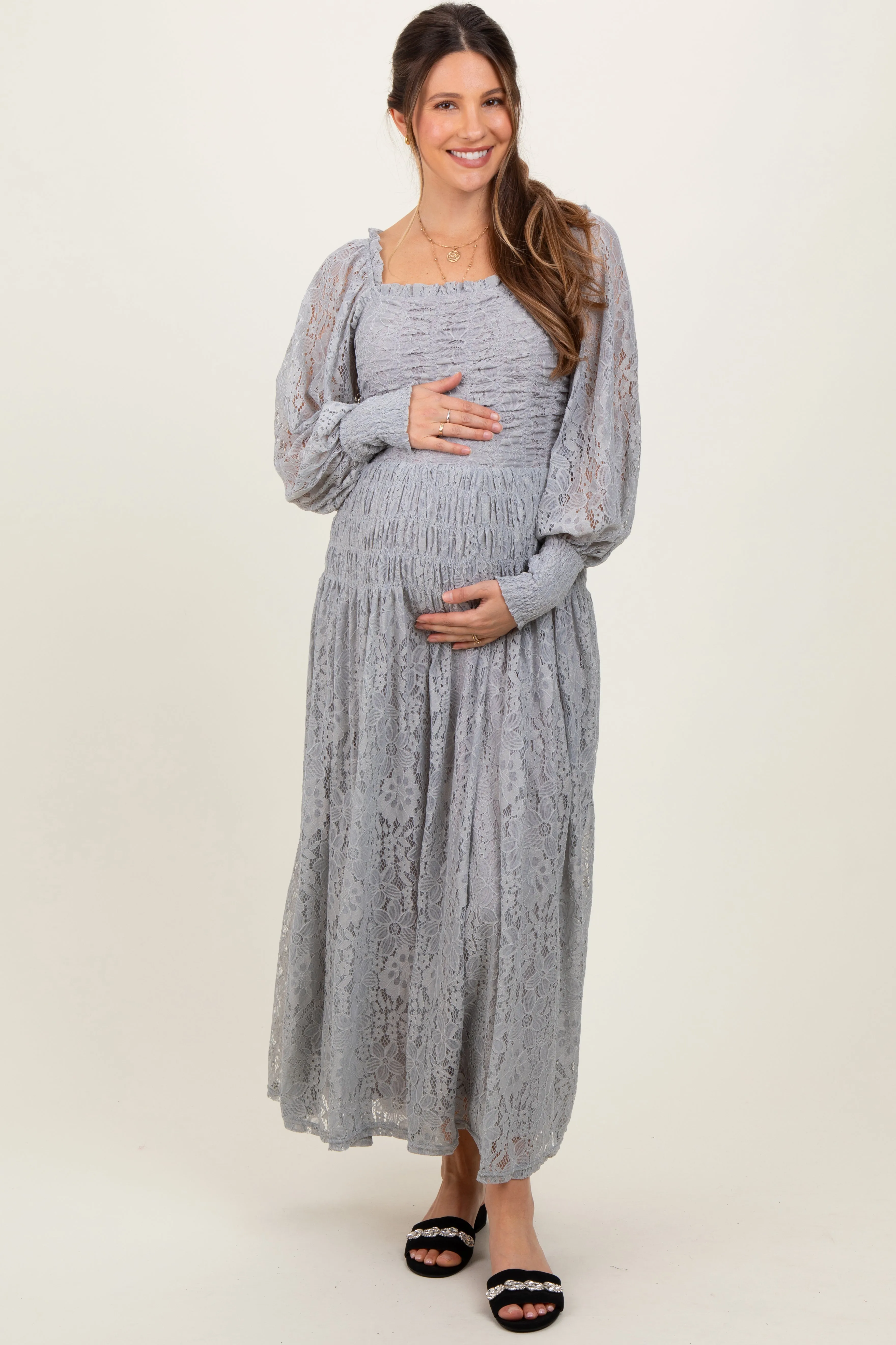 Heather Grey Lace Smocked Bubble Sleeve Maternity Maxi Dress sold by Pinkblush product image thumbnail 2