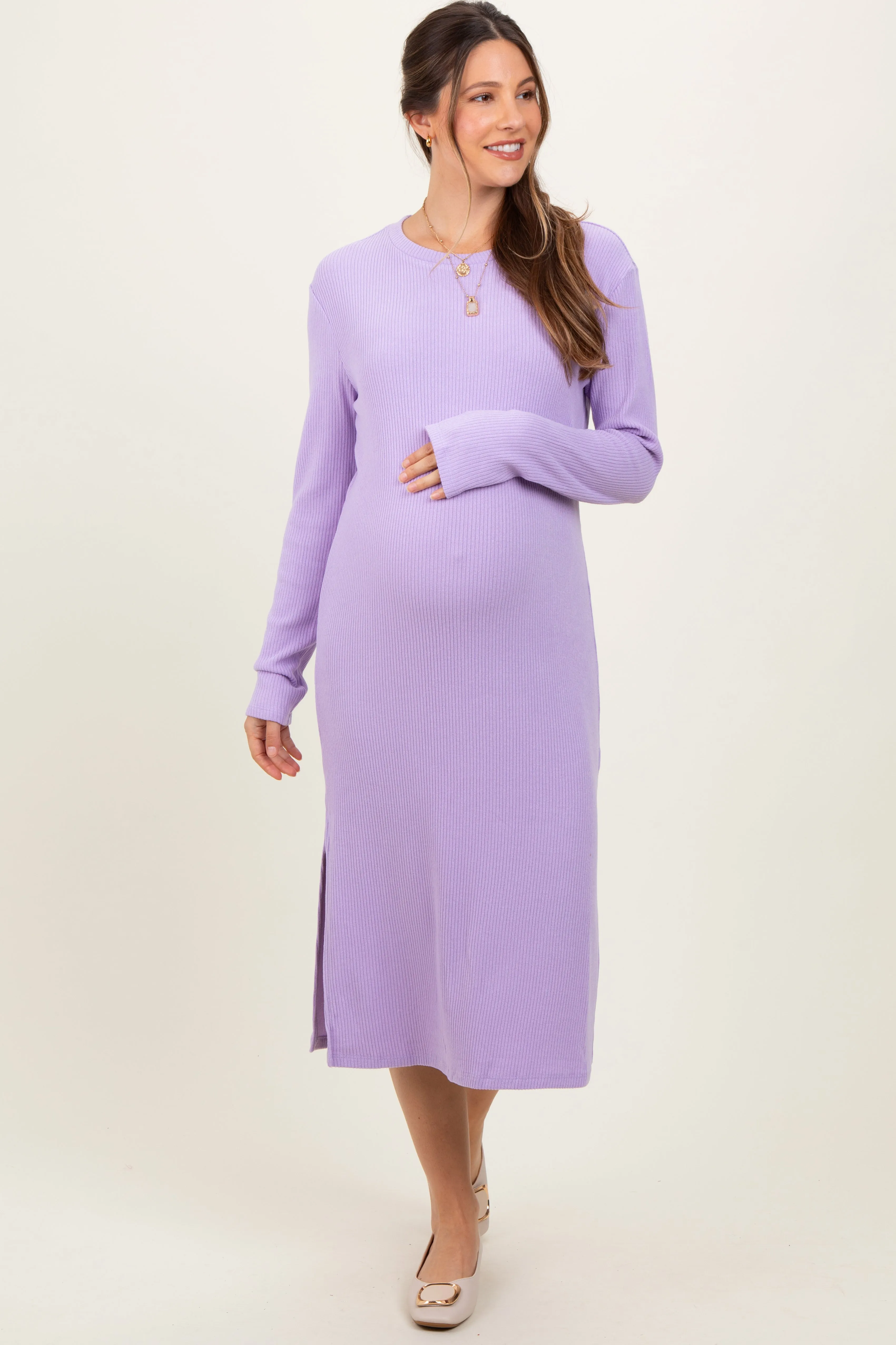 Lavender Ribbed Knit Long Sleeve Side Slit Maternity Midi Dress sold by Pinkblush product image thumbnail 2