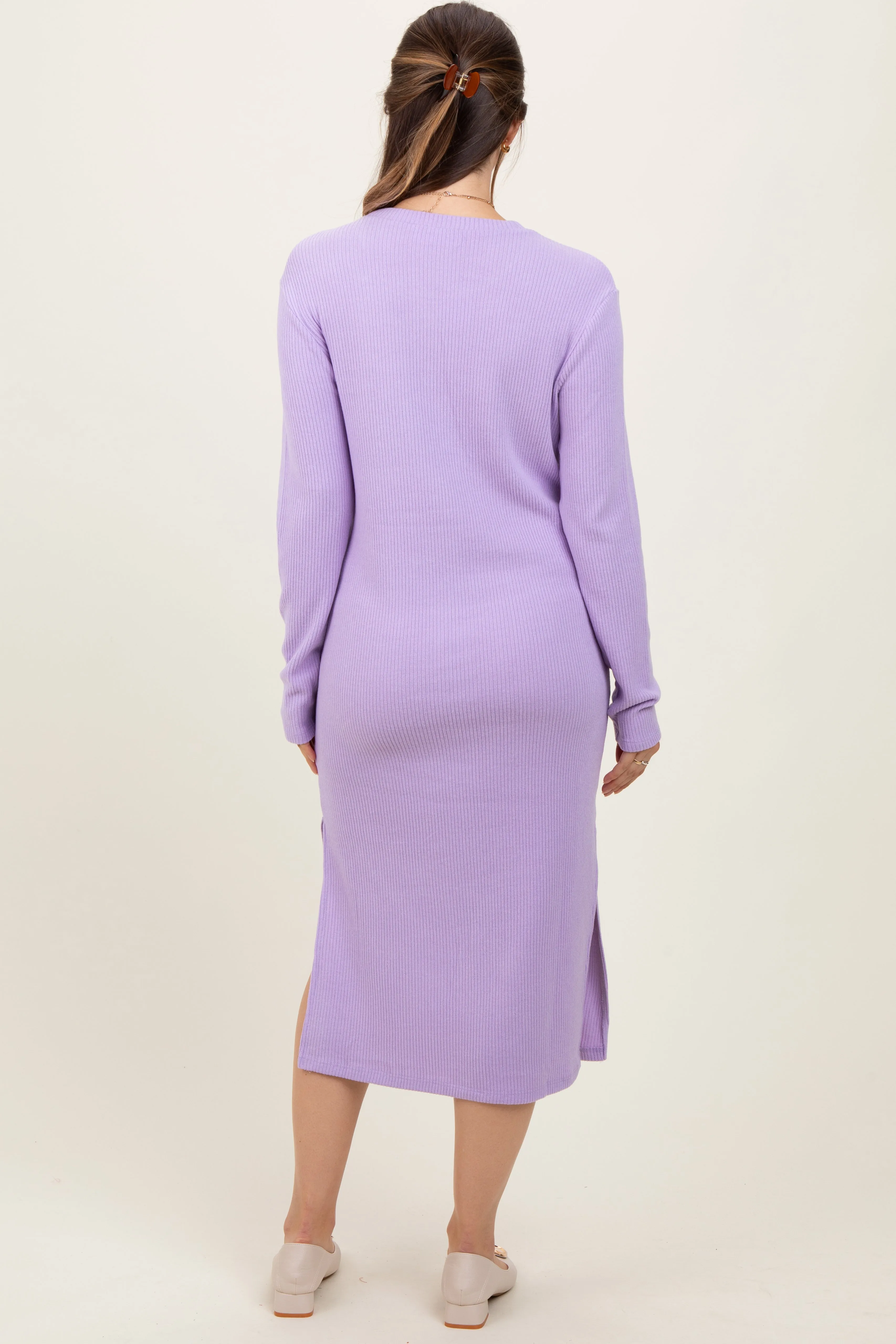 Lavender Ribbed Knit Long Sleeve Side Slit Maternity Midi Dress sold by Pinkblush product image thumbnail 4