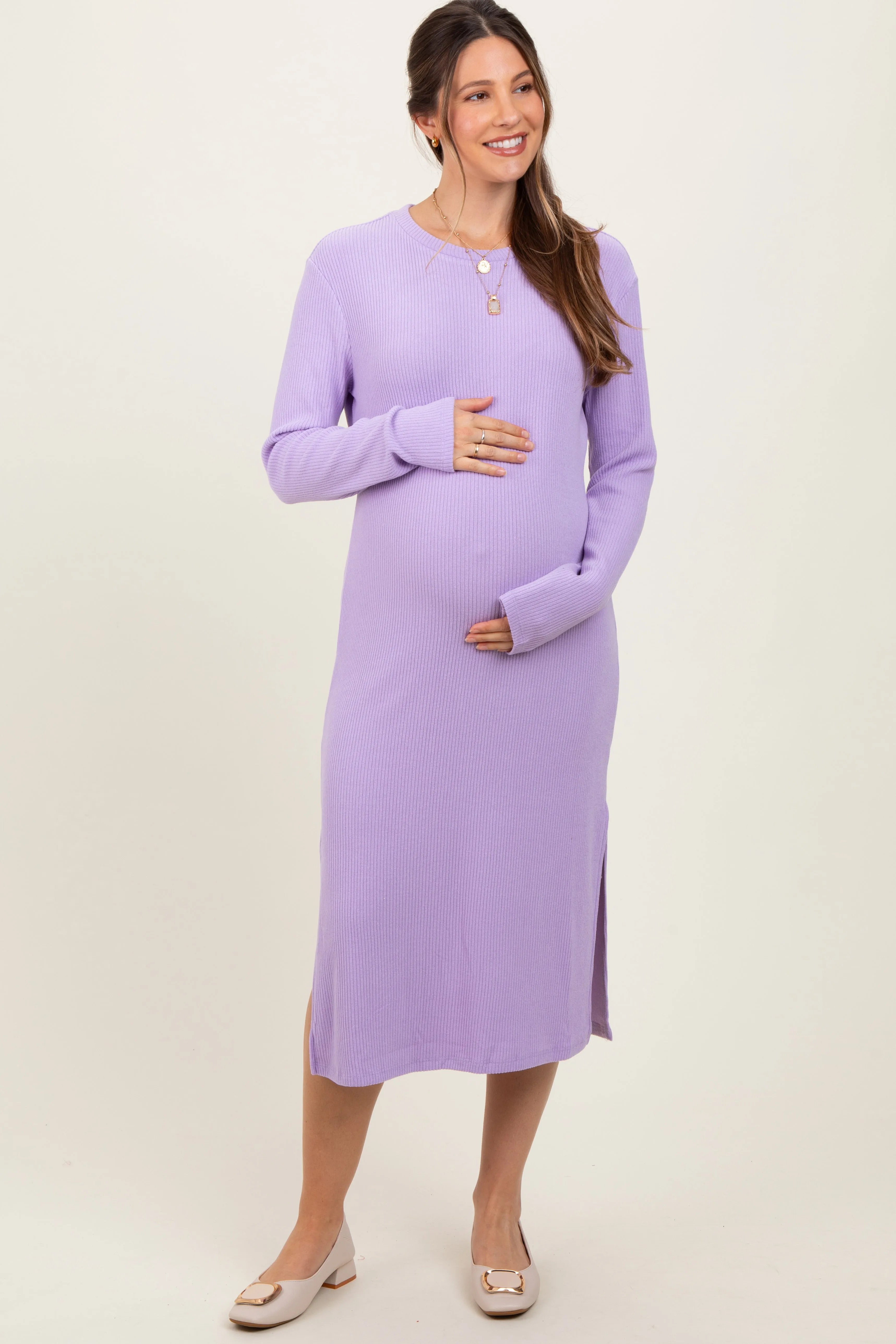 Lavender Ribbed Knit Long Sleeve Side Slit Maternity Midi Dress sold by Pinkblush