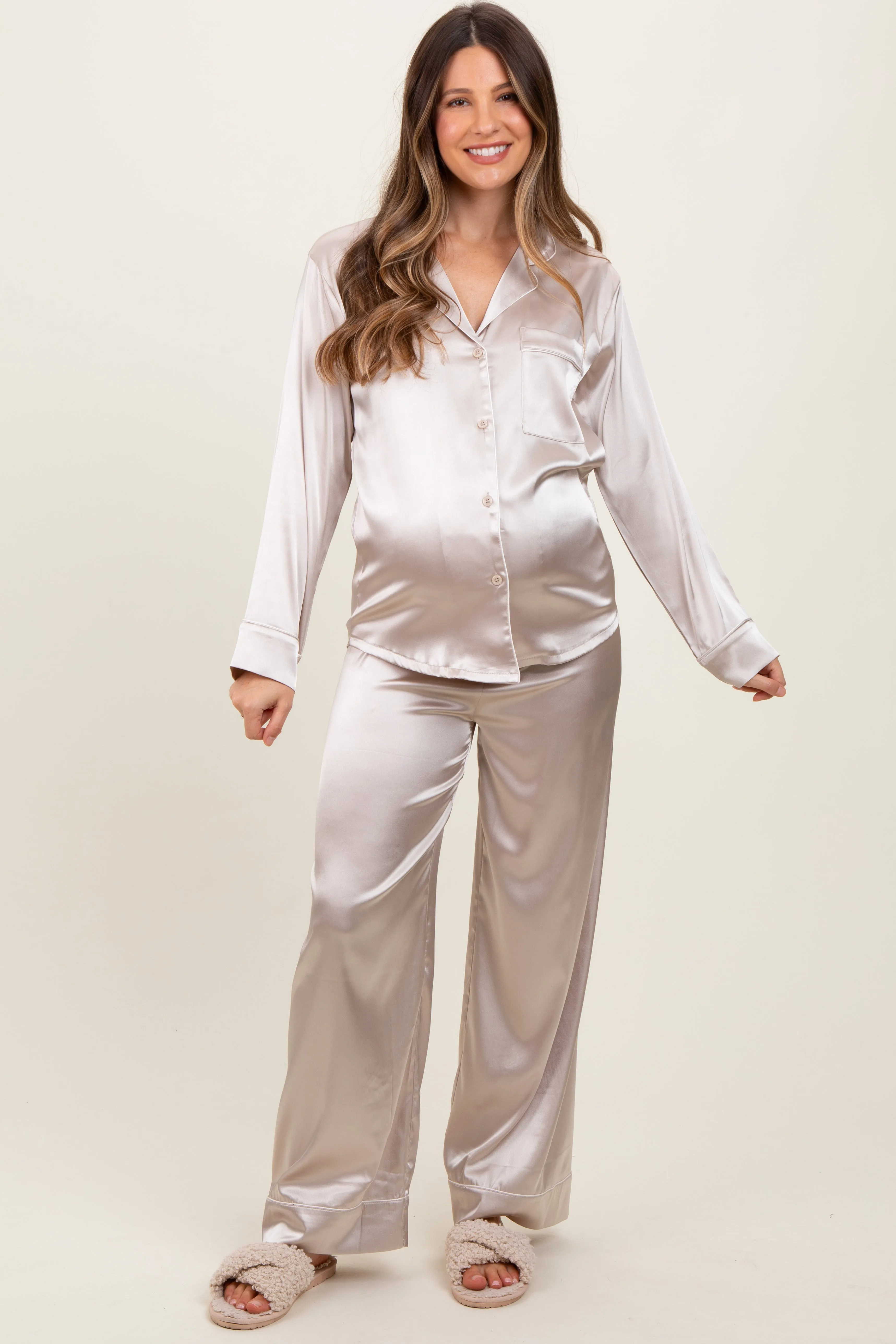 Cream Satin Contrast Trim Long Sleeve Maternity Pajama Set sold by Pinkblush product image thumbnail 2
