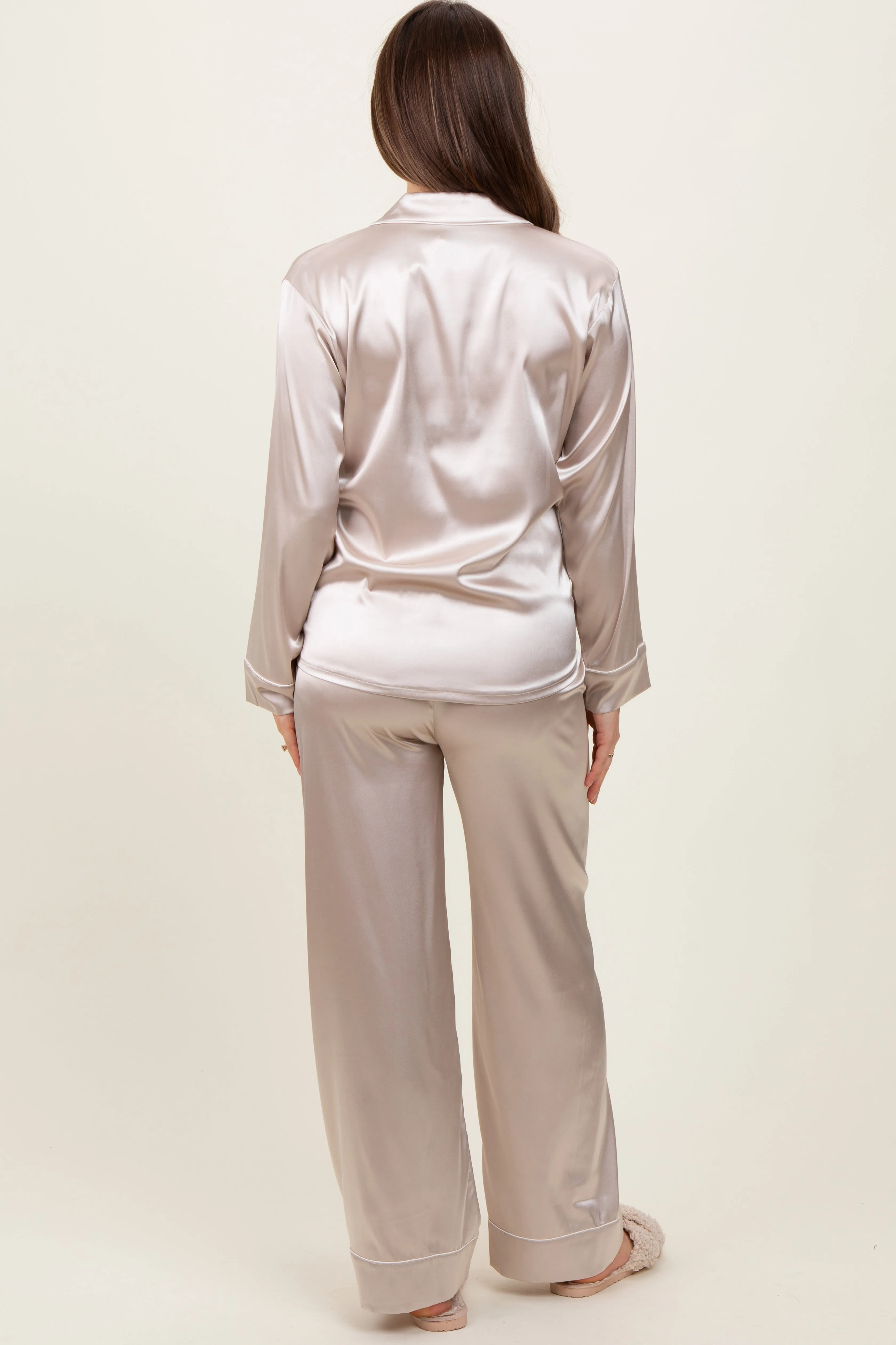 Cream Satin Contrast Trim Long Sleeve Maternity Pajama Set sold by Pinkblush product image thumbnail 4