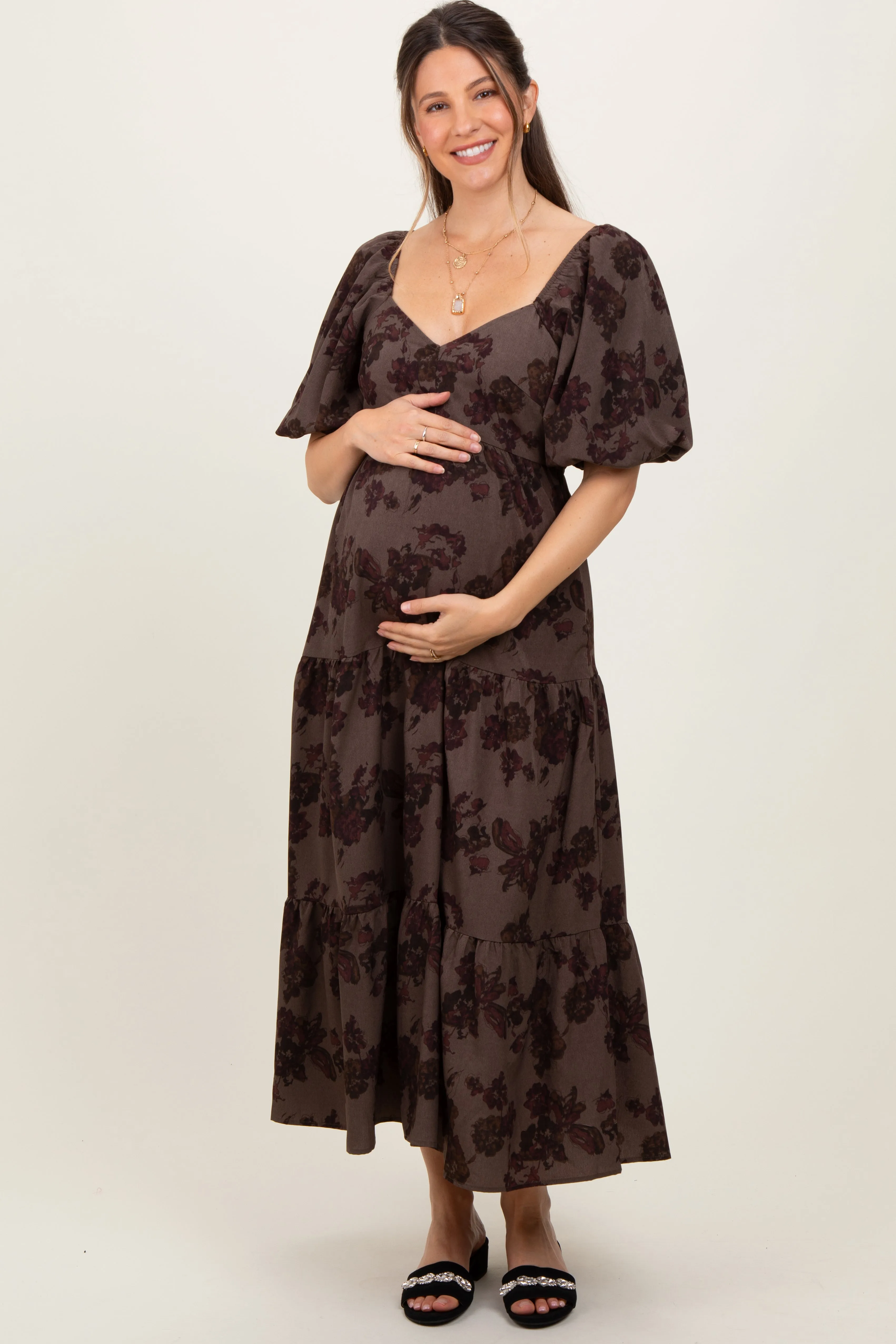 Taupe Floral Bubble Sleeve Tiered Maternity Maxi Dress sold by Pinkblush