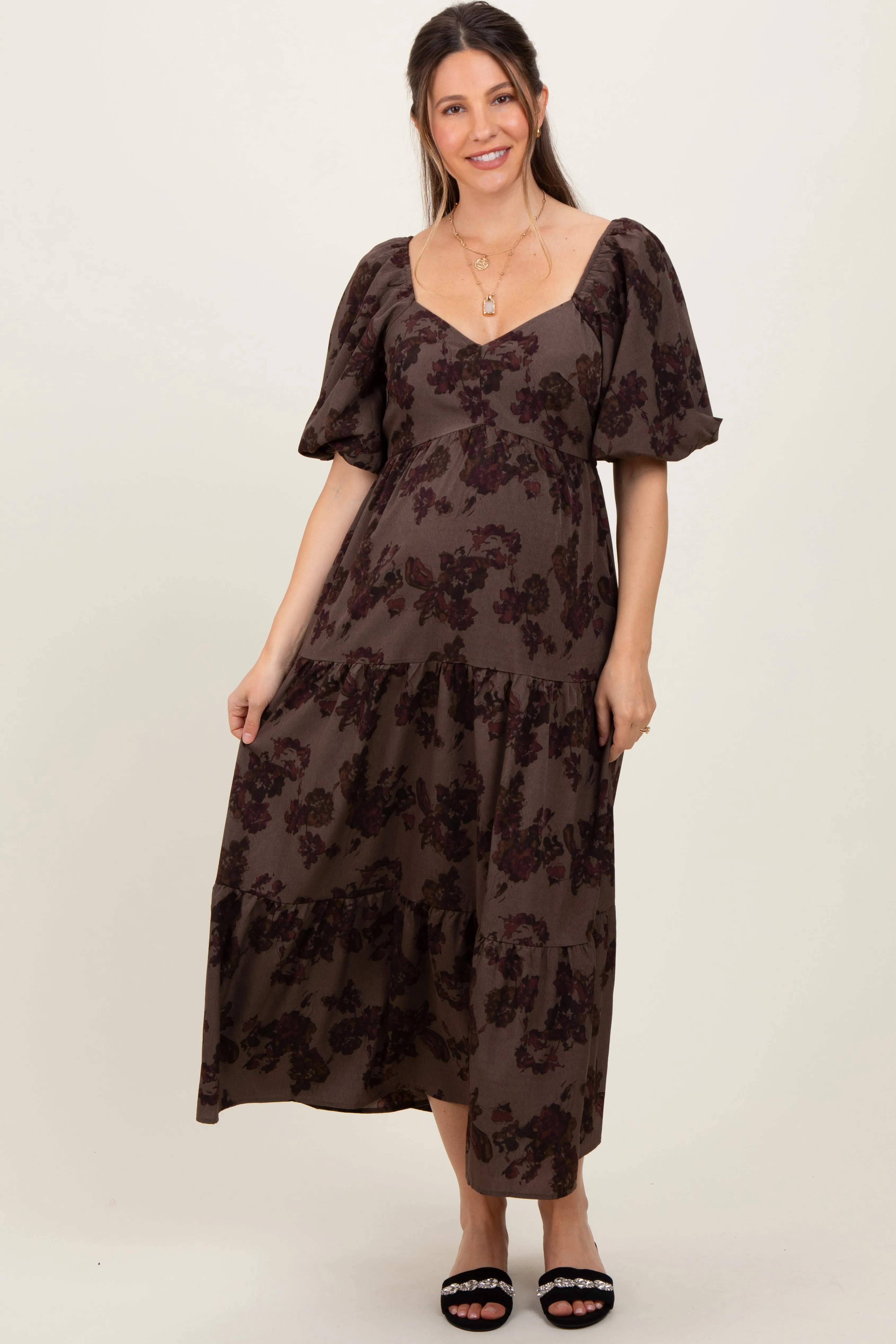 Taupe Floral Bubble Sleeve Tiered Maternity Maxi Dress sold by Pinkblush product image thumbnail 2
