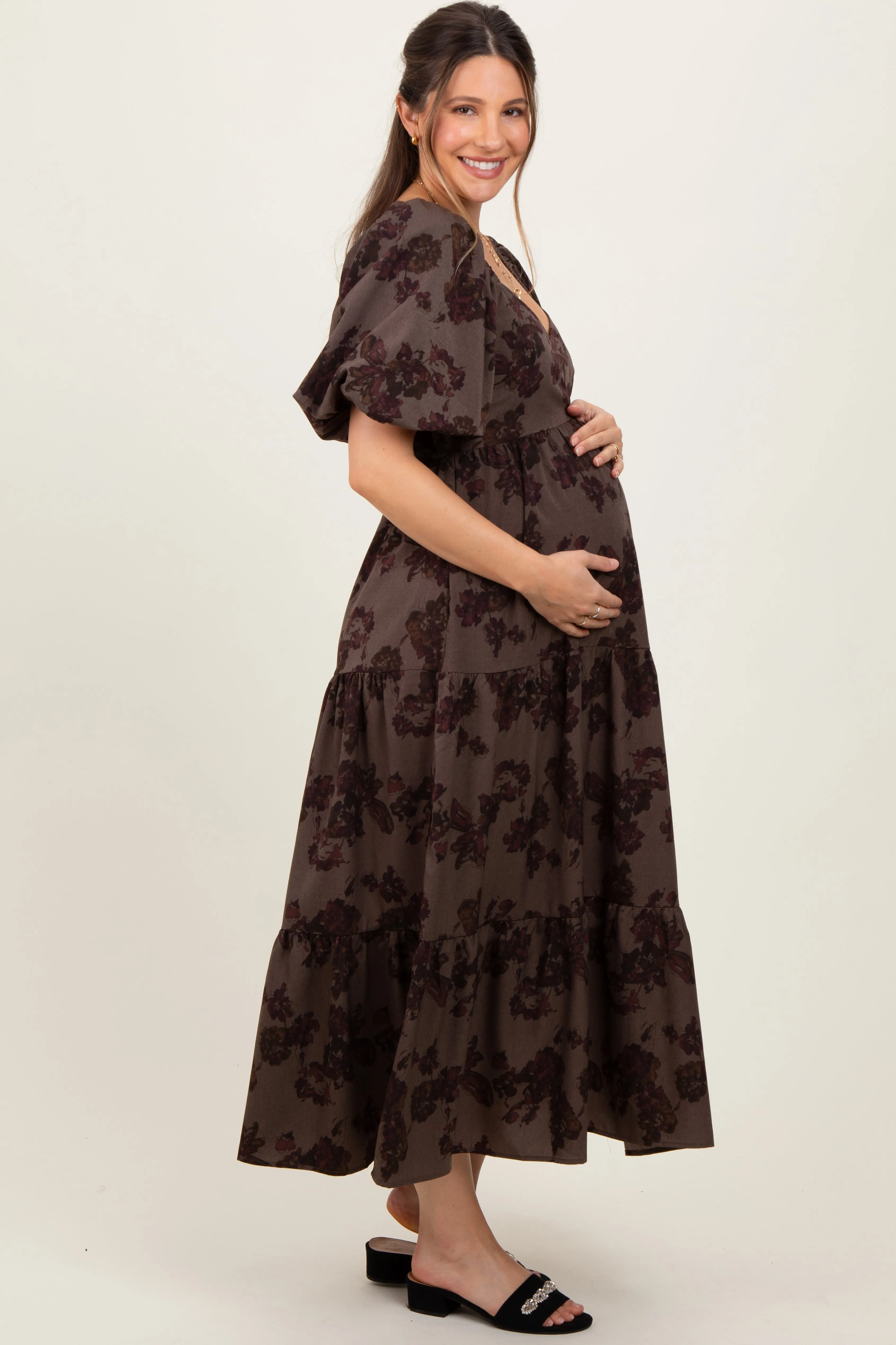 Taupe Floral Bubble Sleeve Tiered Maternity Maxi Dress sold by Pinkblush product image thumbnail 3