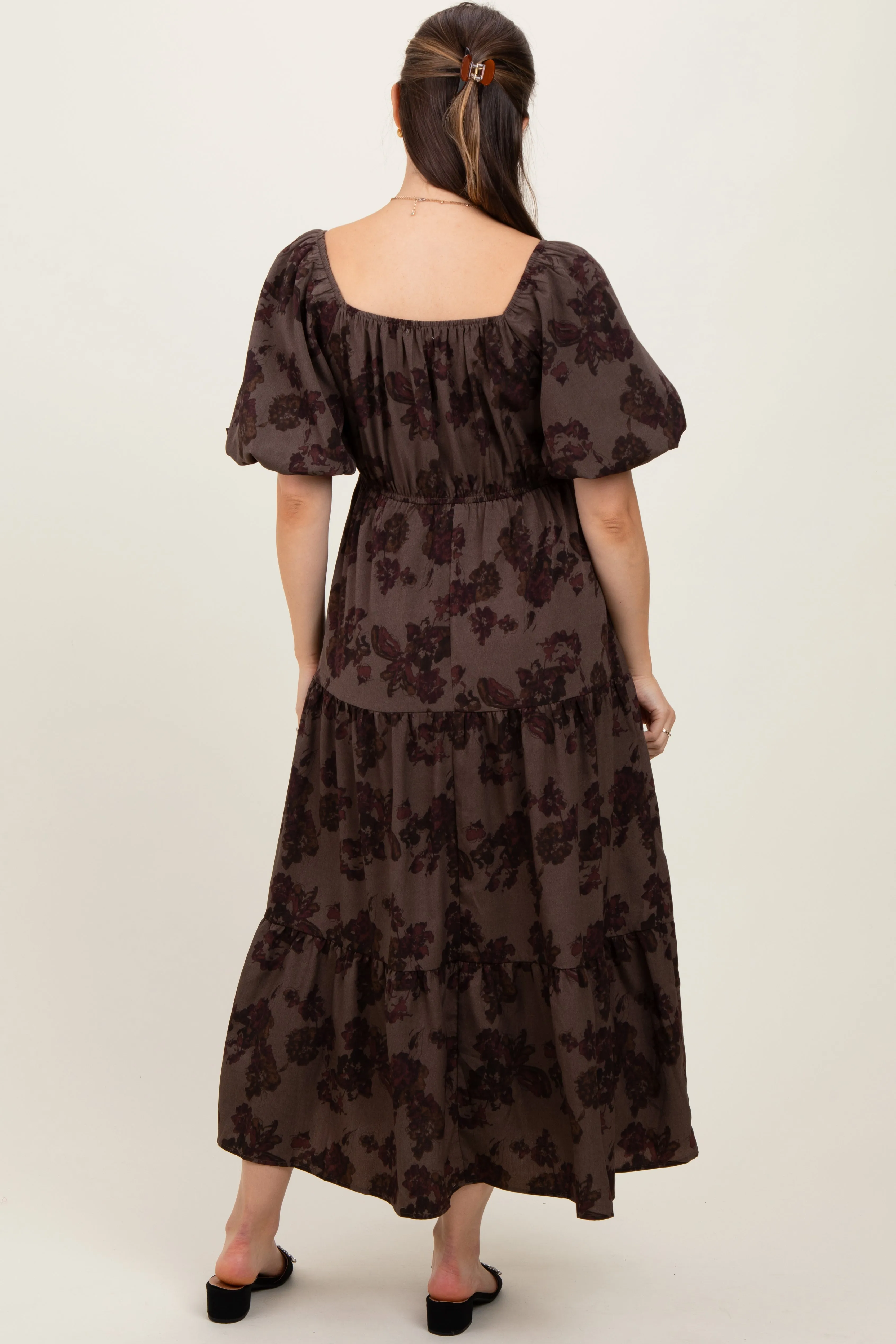 Taupe Floral Bubble Sleeve Tiered Maternity Maxi Dress sold by Pinkblush product image thumbnail 4