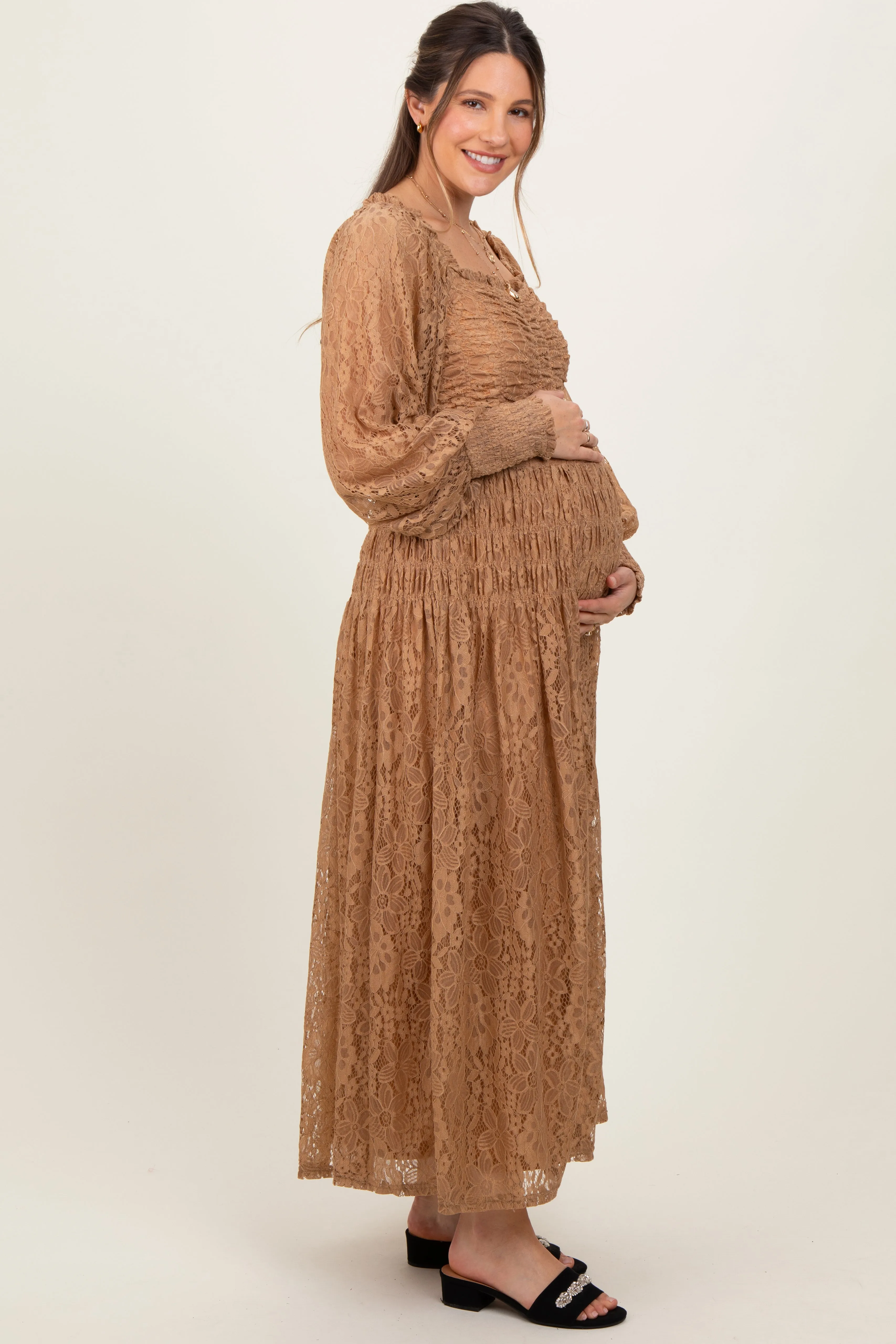 Camel Lace Smocked Bubble Sleeve Maternity Maxi Dress sold by Pinkblush product image thumbnail 3