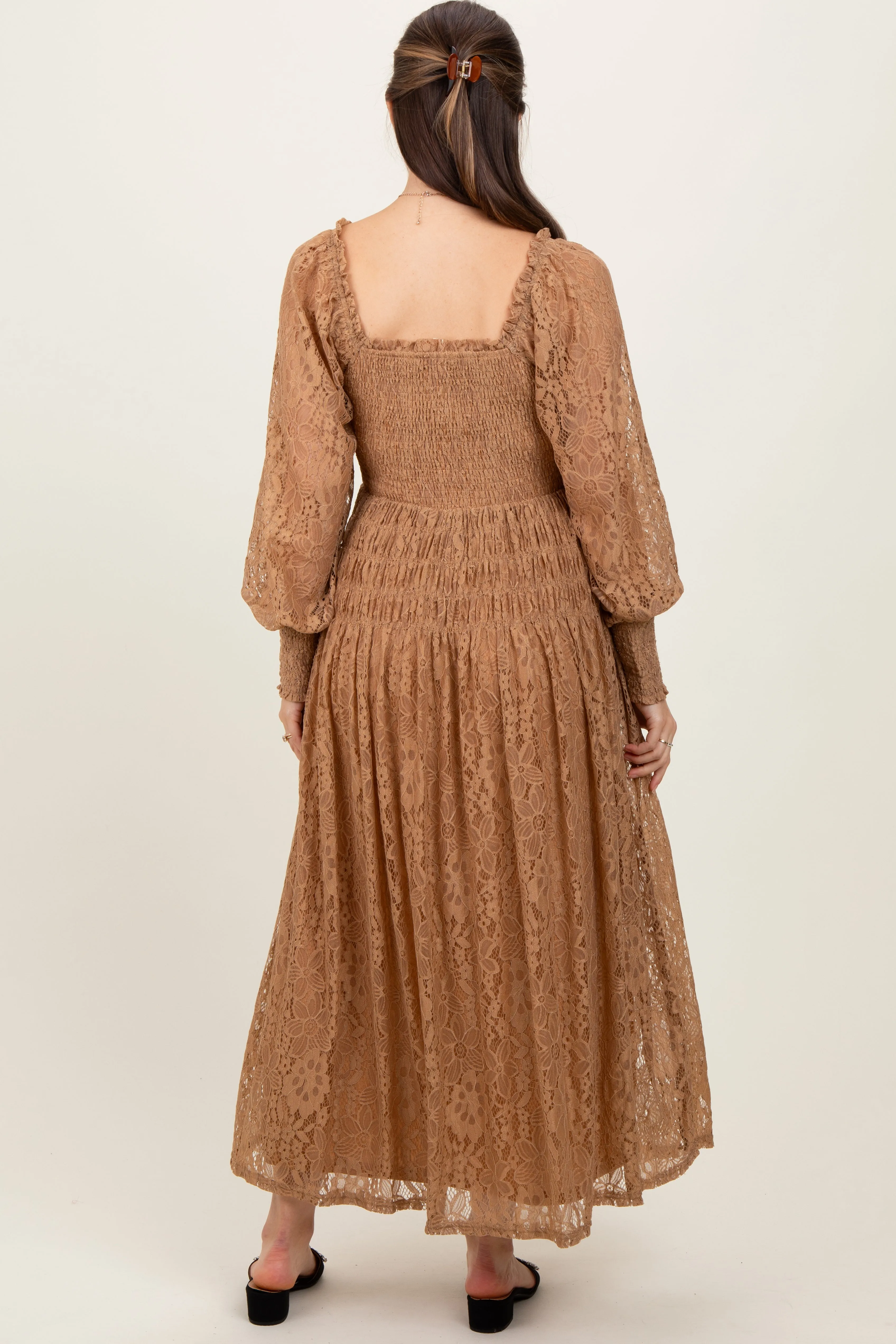 Camel Lace Smocked Bubble Sleeve Maternity Maxi Dress sold by Pinkblush product image thumbnail 4
