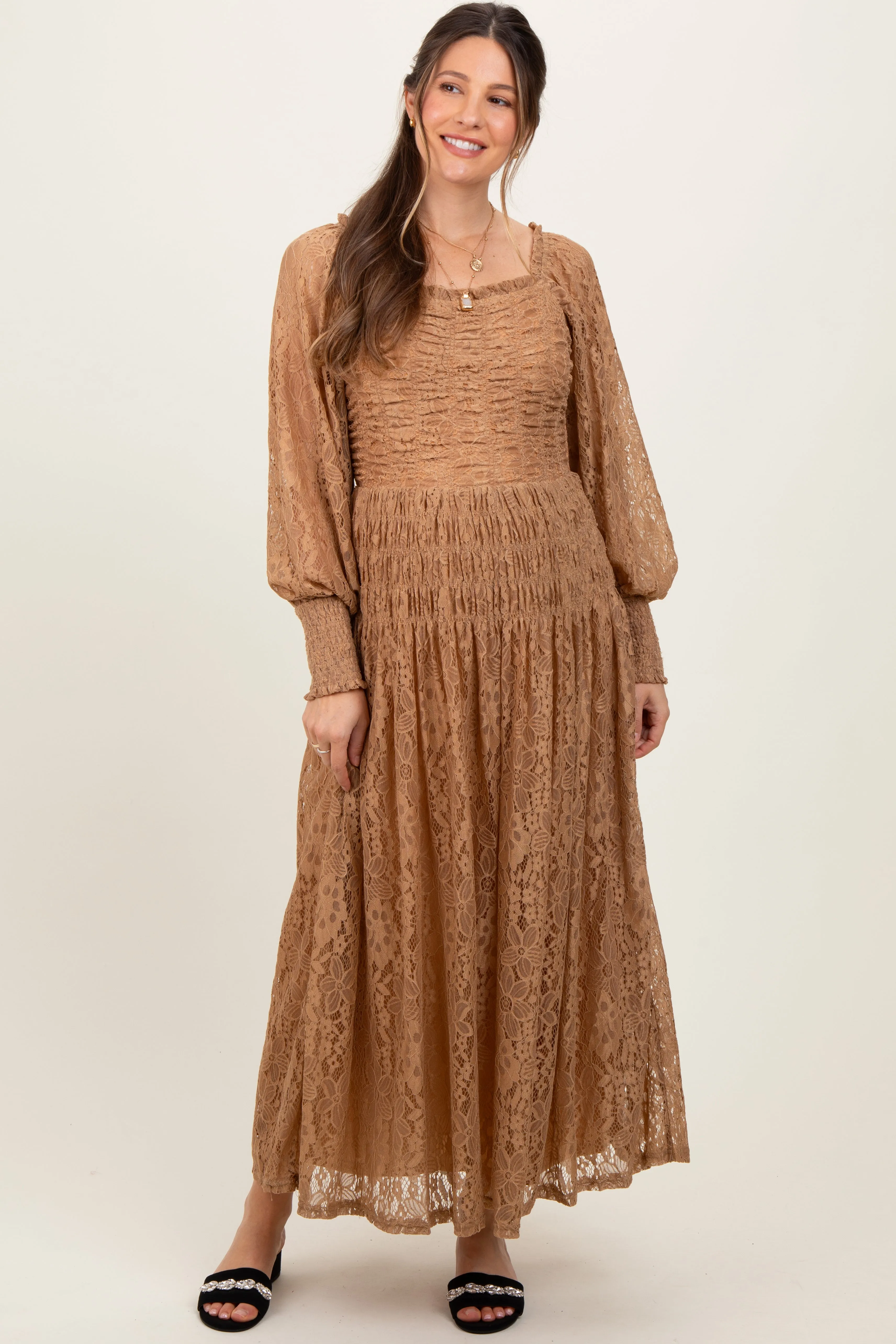 Camel Lace Smocked Bubble Sleeve Maternity Maxi Dress sold by Pinkblush
