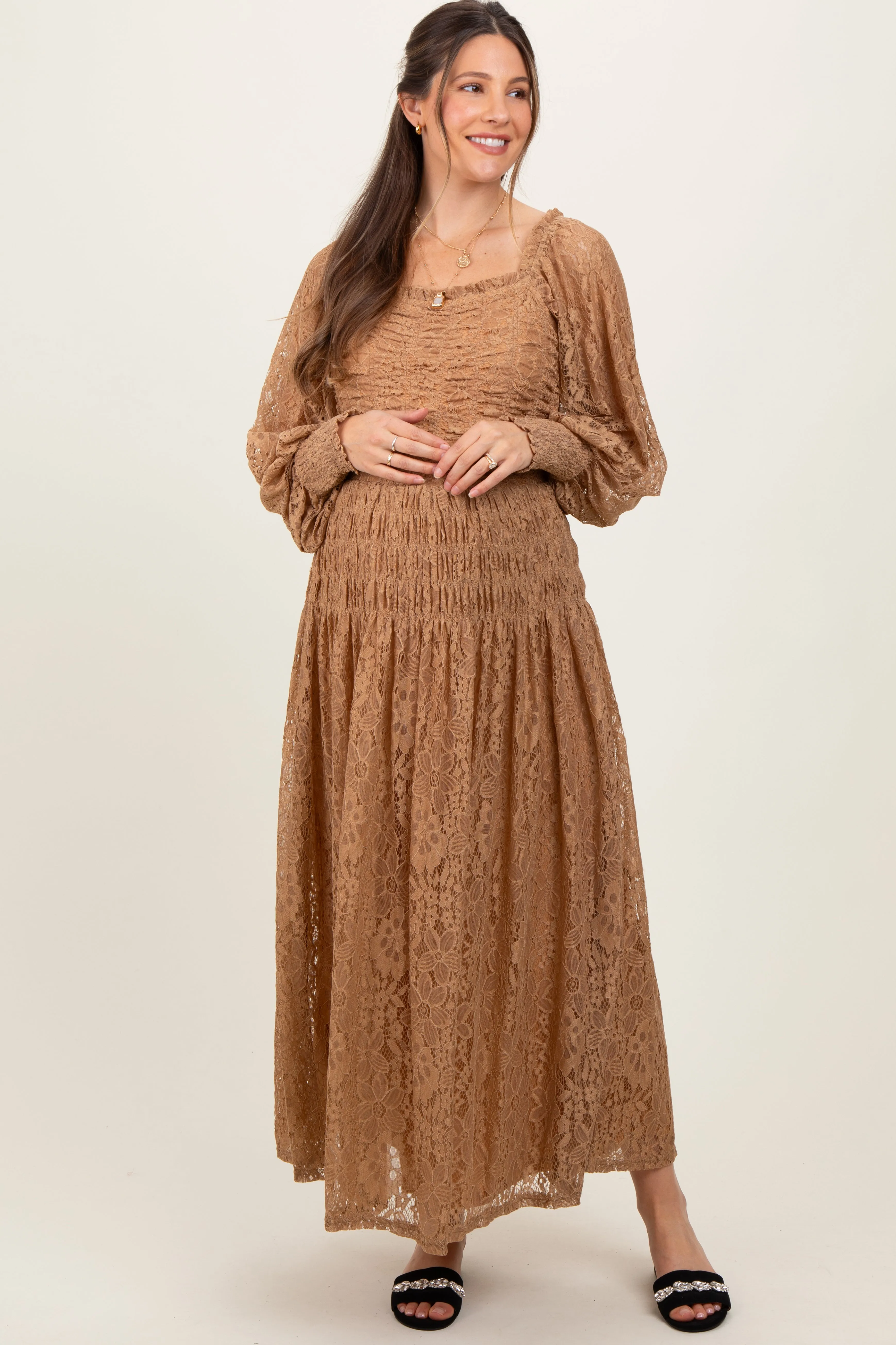 Camel Lace Smocked Bubble Sleeve Maternity Maxi Dress sold by Pinkblush product image thumbnail 2