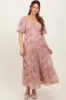 Mauve Watercolor Floral Puff Sleeve Tiered Maternity Maxi Dress sold by Pinkblush