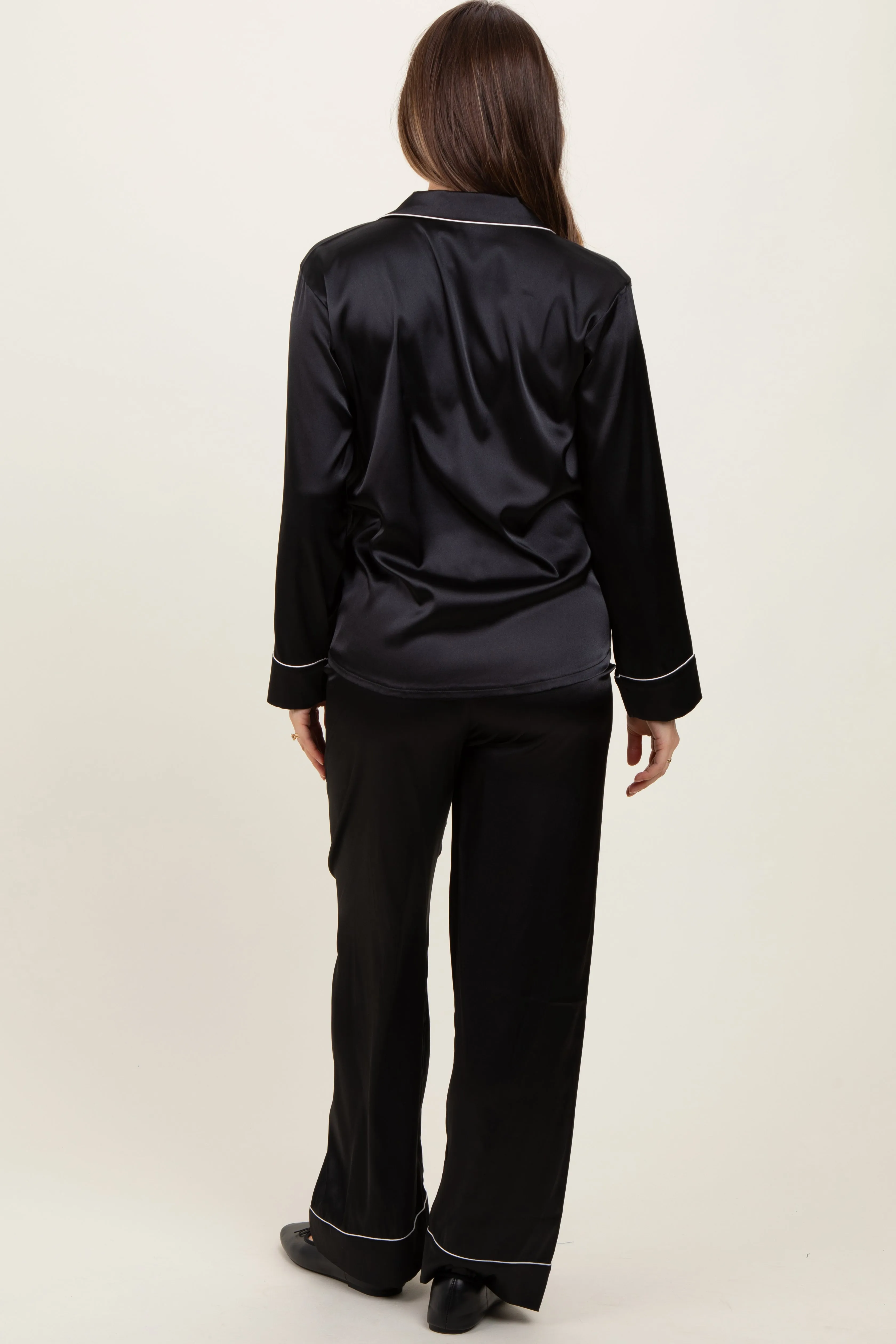 Black Satin Contrast Trim Long Sleeve Maternity Pajama Set sold by Pinkblush product image thumbnail 4