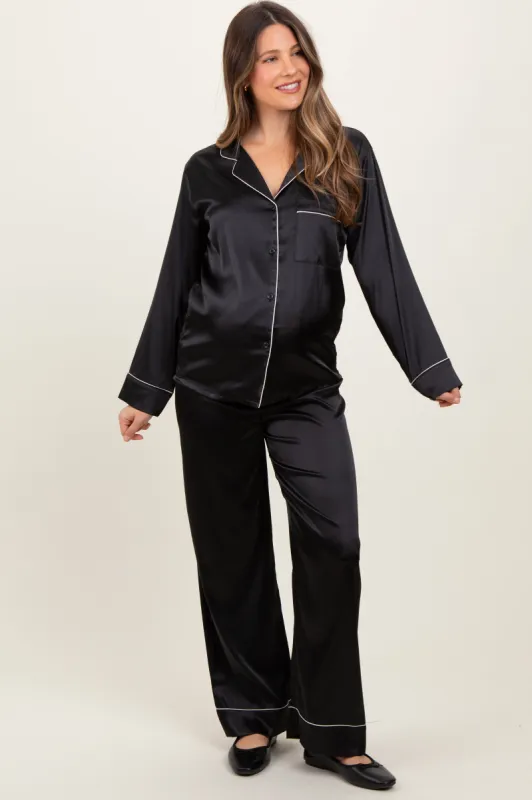 Black Satin Contrast Trim Long Sleeve Maternity Pajama Set sold by Pinkblush