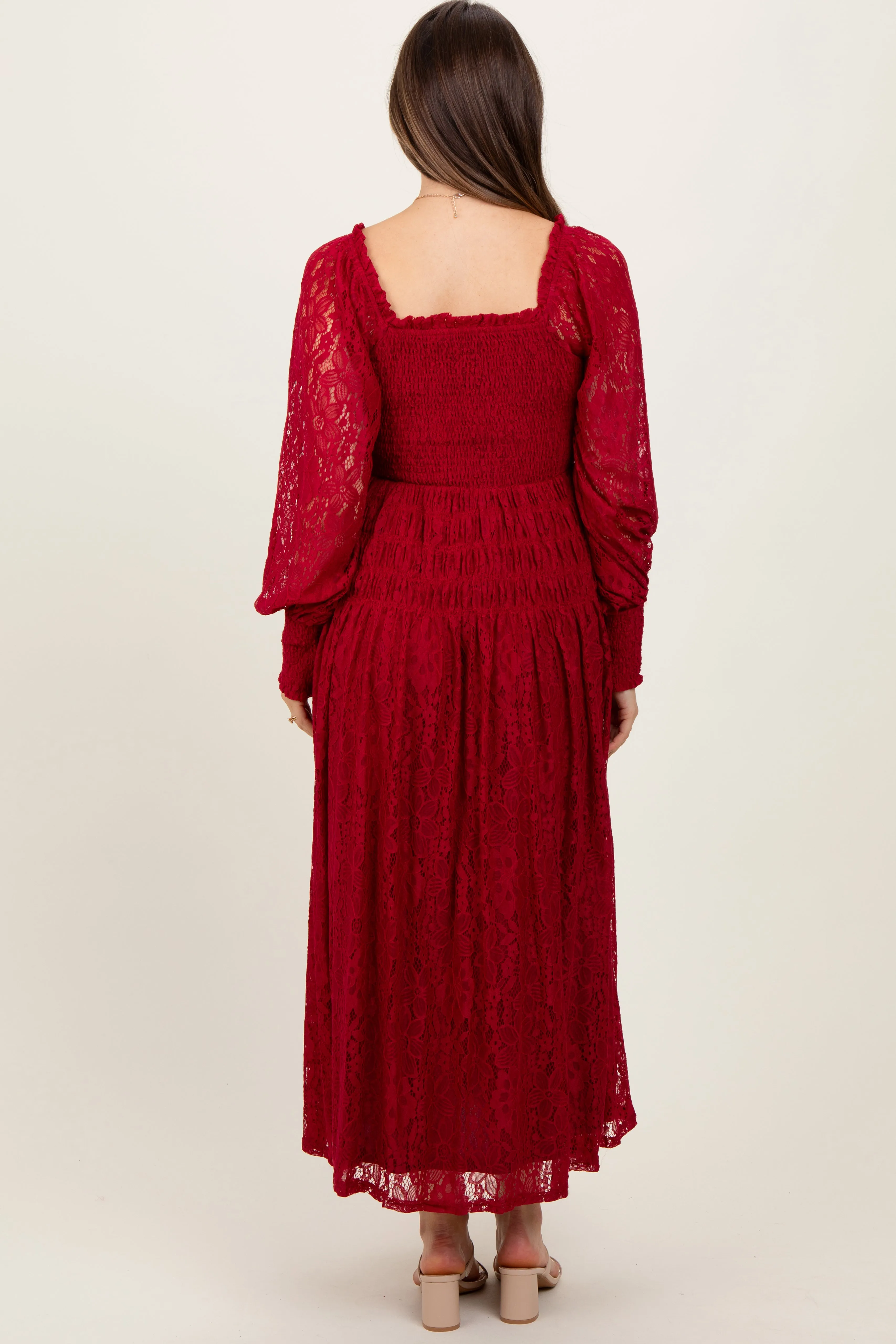 Burgundy Lace Smocked Bubble Sleeve Maternity Maxi Dress sold by Pinkblush product image thumbnail 4