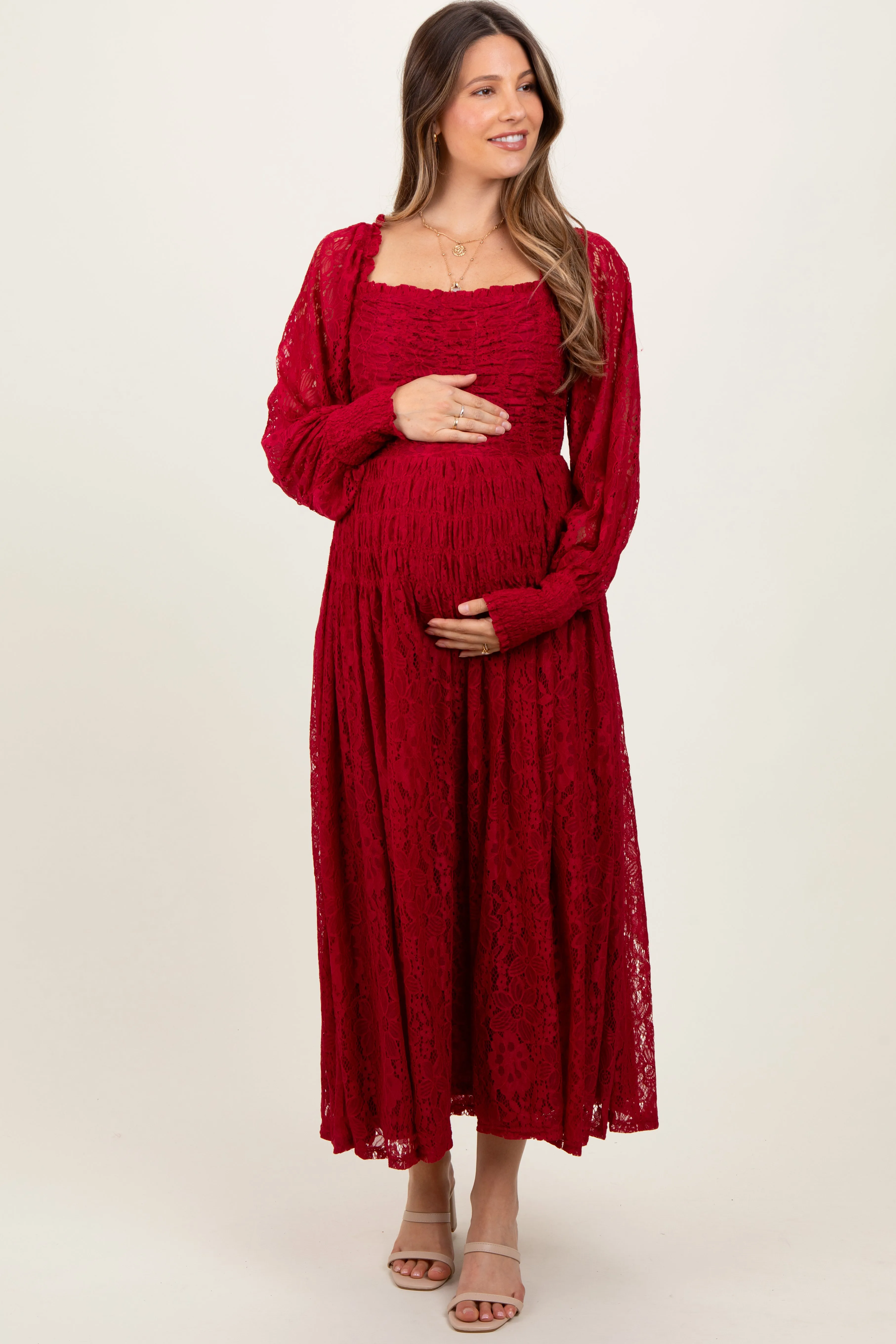 Burgundy Lace Smocked Bubble Sleeve Maternity Maxi Dress sold by Pinkblush