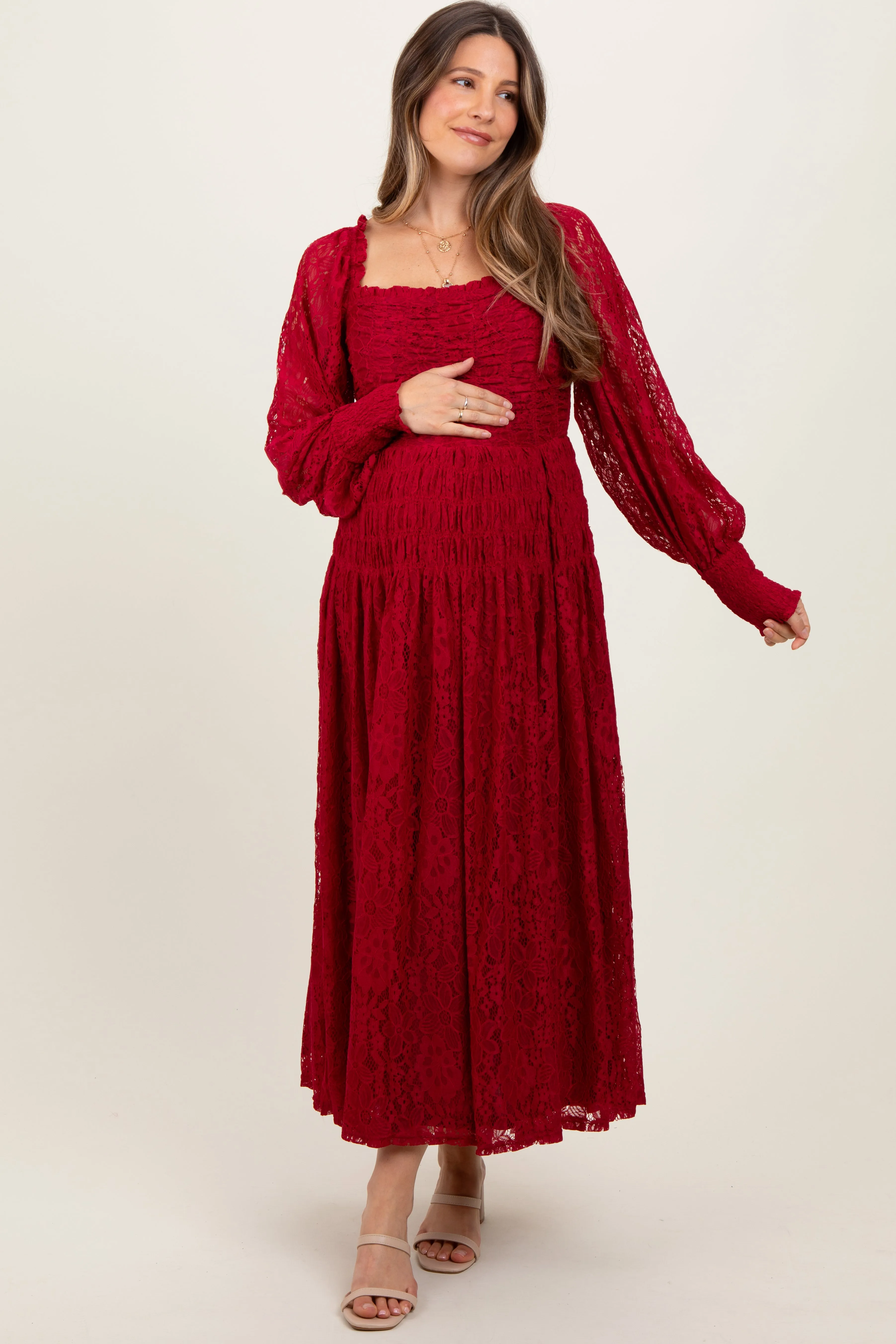 Burgundy Lace Smocked Bubble Sleeve Maternity Maxi Dress sold by Pinkblush product image thumbnail 2