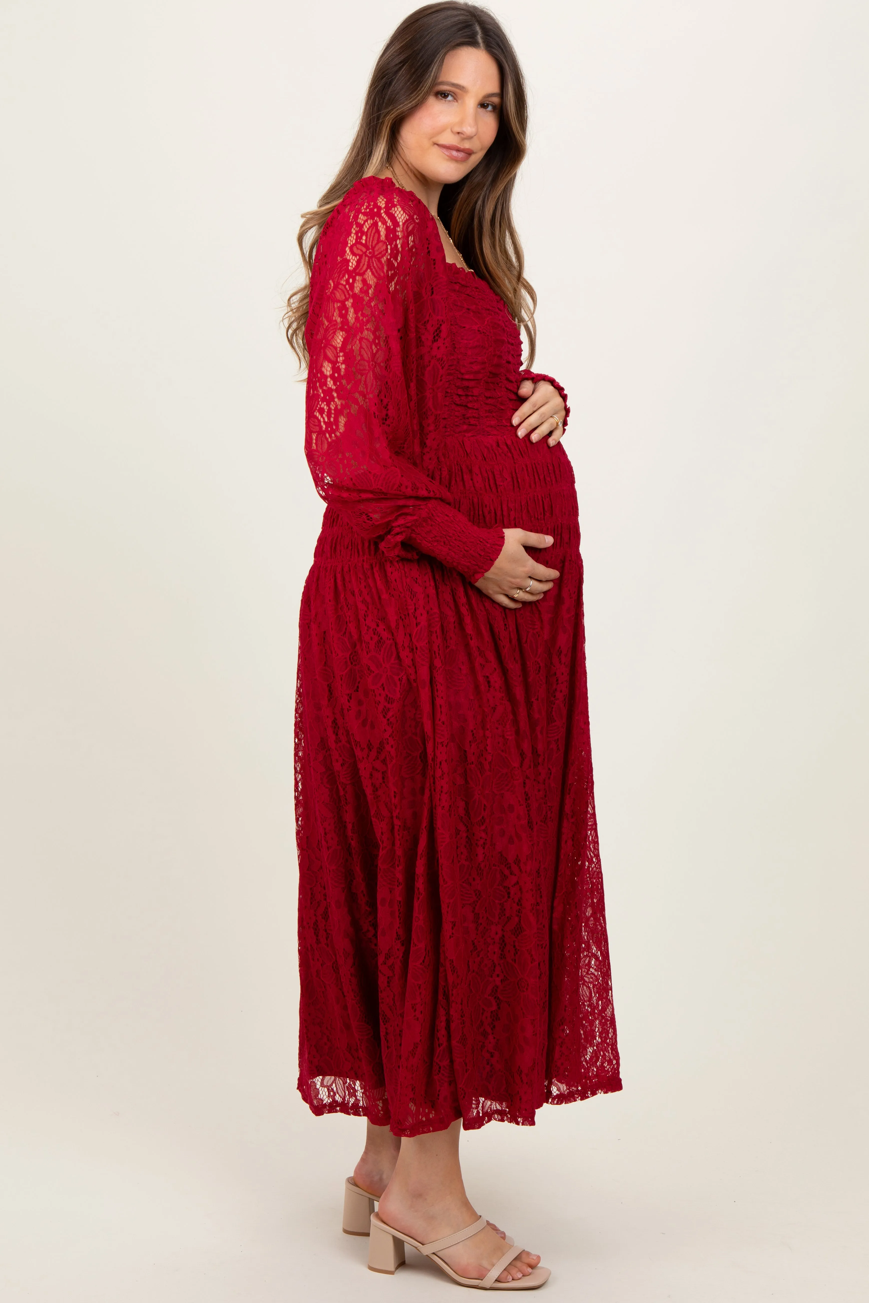 Burgundy Lace Smocked Bubble Sleeve Maternity Maxi Dress sold by Pinkblush product image thumbnail 3