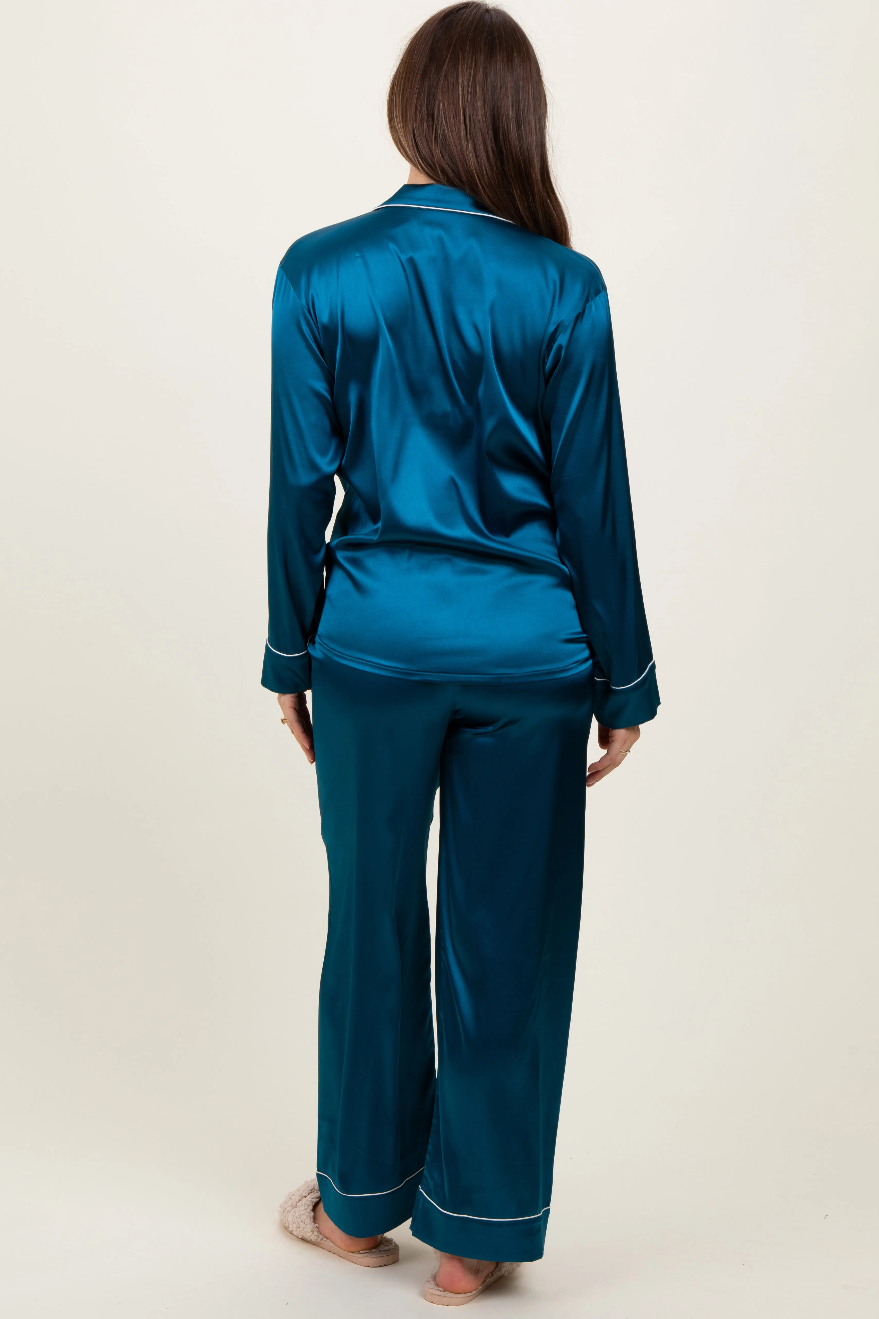 Teal Satin Contrast Trim Long Sleeve Maternity Pajama Set sold by Pinkblush product image thumbnail 4