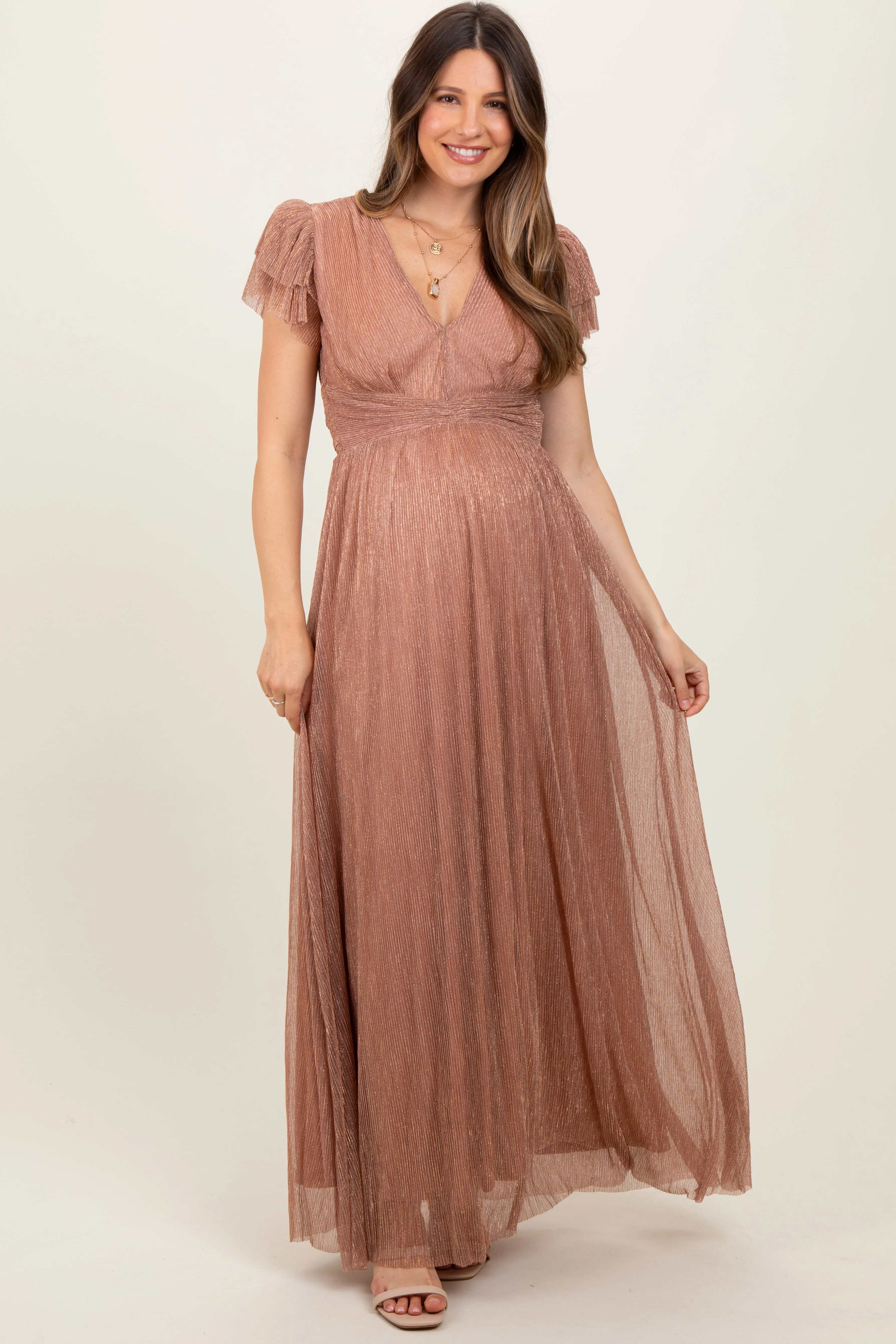 Gold Metallic Plisse Flutter Sleeve Maternity Maxi Dress sold by Pinkblush