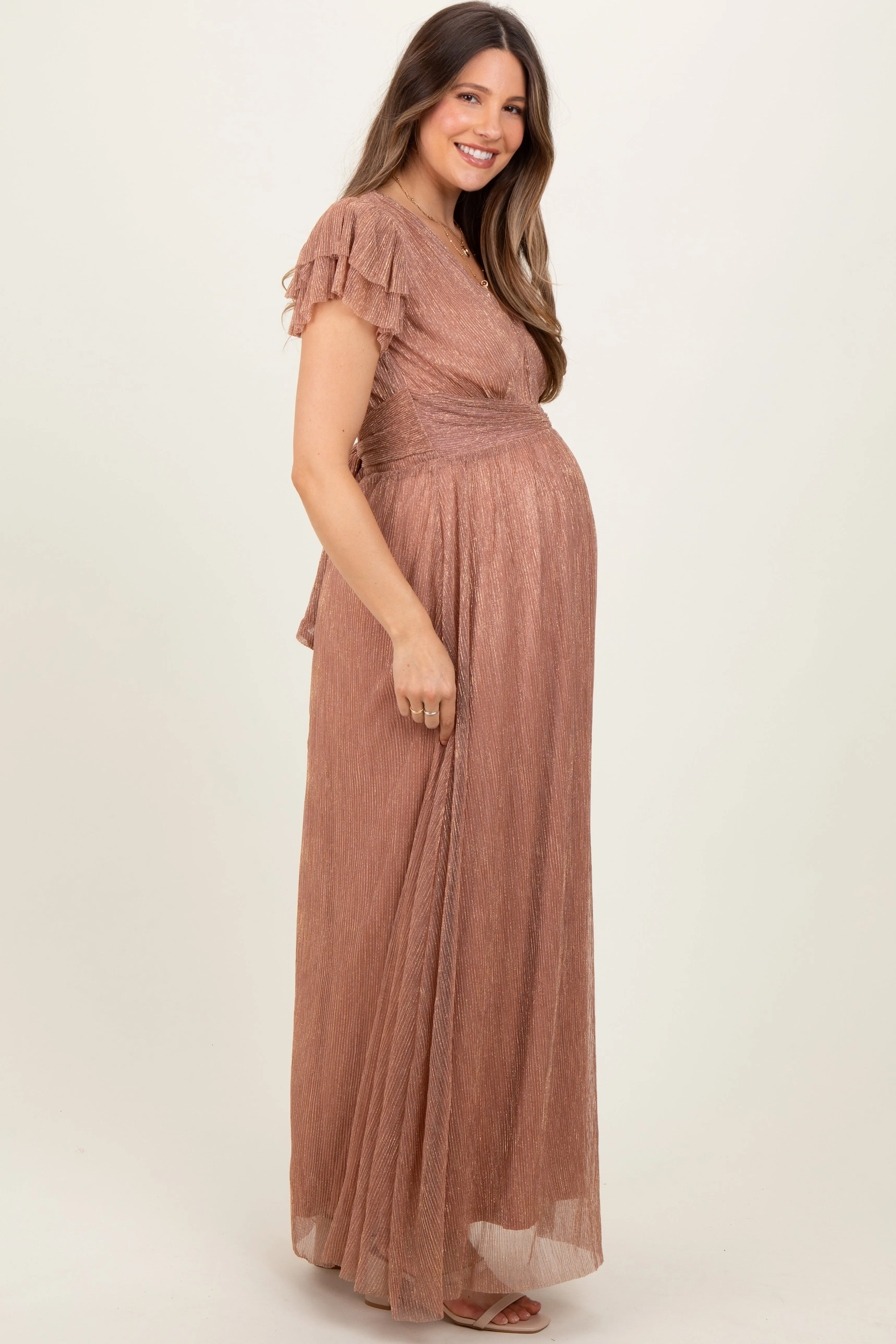 Gold Metallic Plisse Flutter Sleeve Maternity Maxi Dress sold by Pinkblush product image thumbnail 2