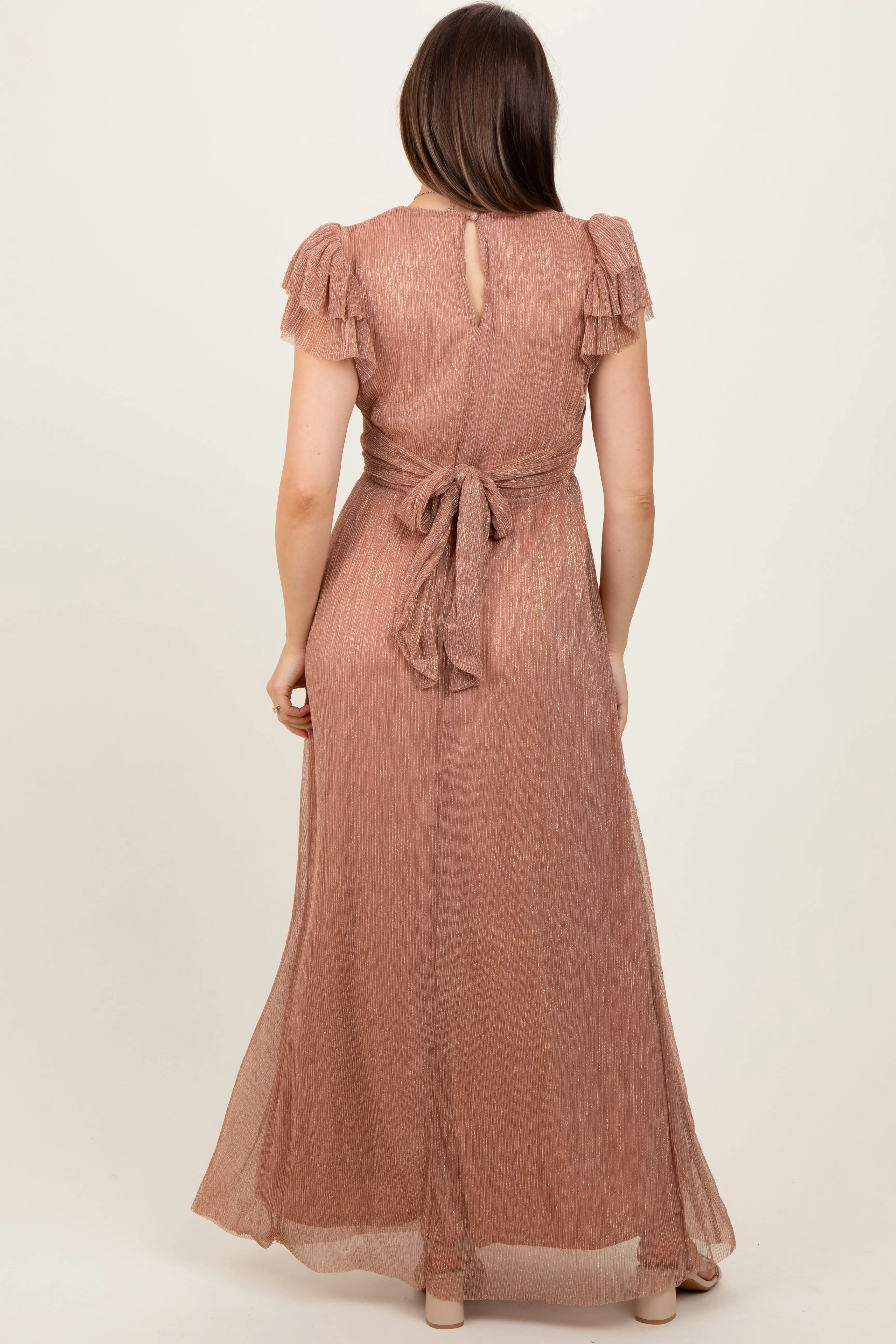Gold Metallic Plisse Flutter Sleeve Maternity Maxi Dress sold by Pinkblush product image thumbnail 3